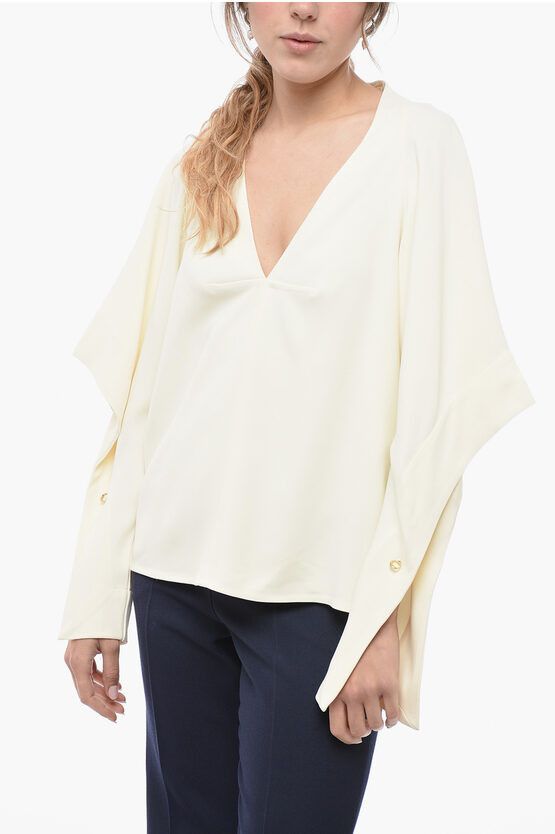 image of Victoria Beckham Puff-Sleeve V-Neck Blouse in Yellow, Women's (Size Medium)