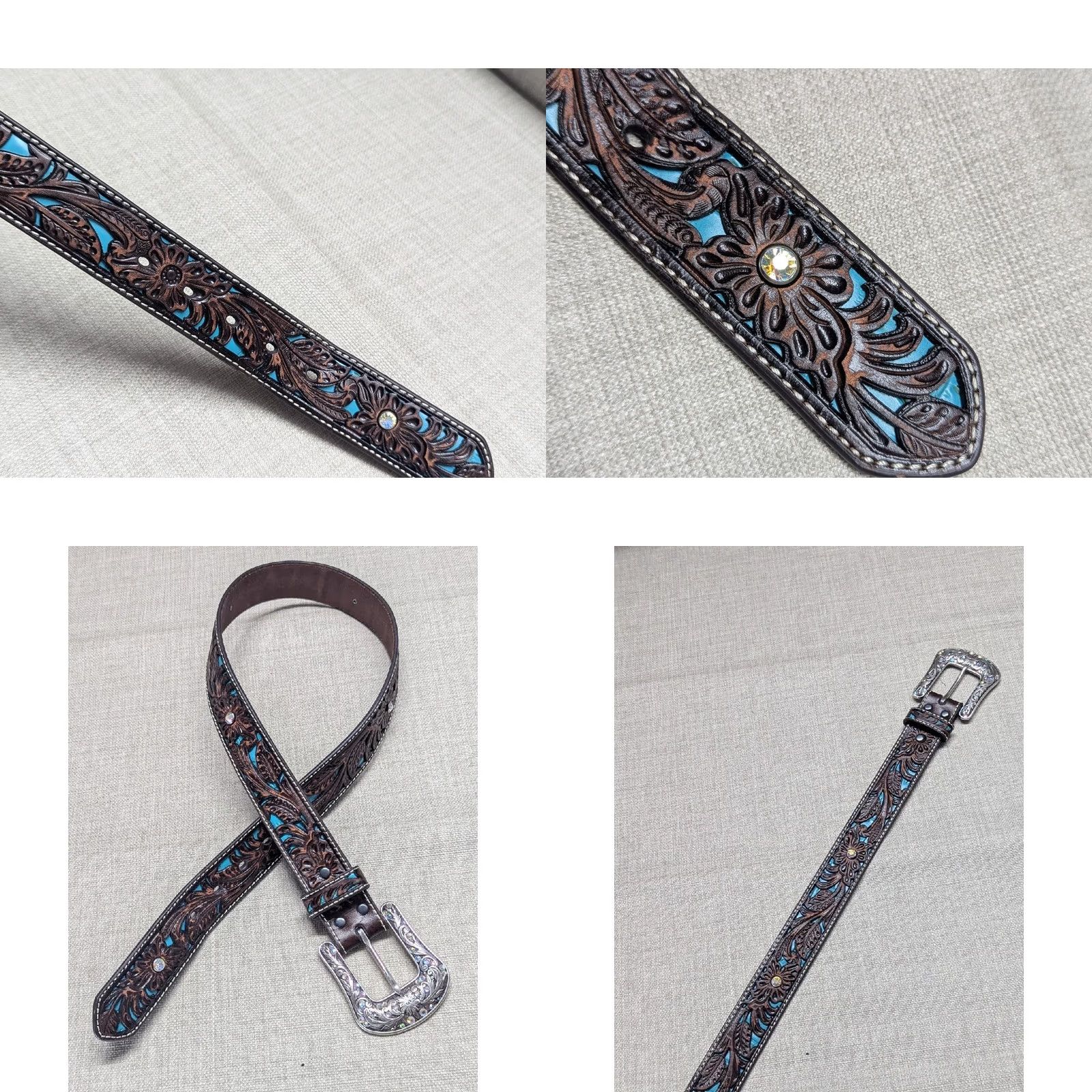 Ariat VINTAGE Ariat belt Western tooled leather 30 rhinestone studded brown belt Mens 30 Size 30 - 8 Thumbnail