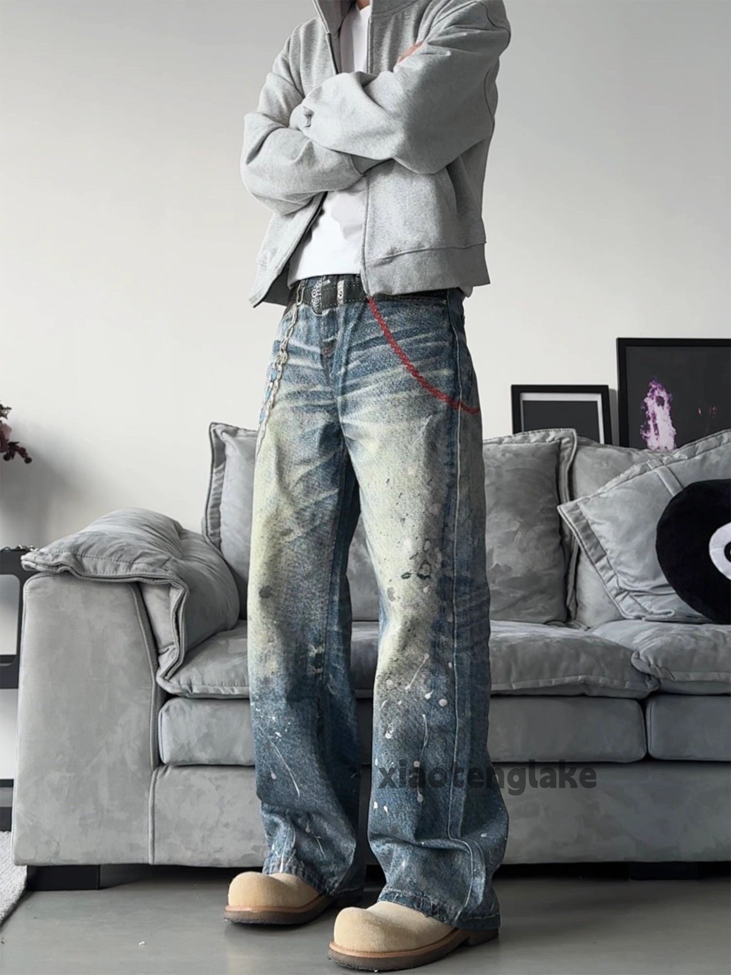 Washed faded loose baggy digital print punk festival jeans