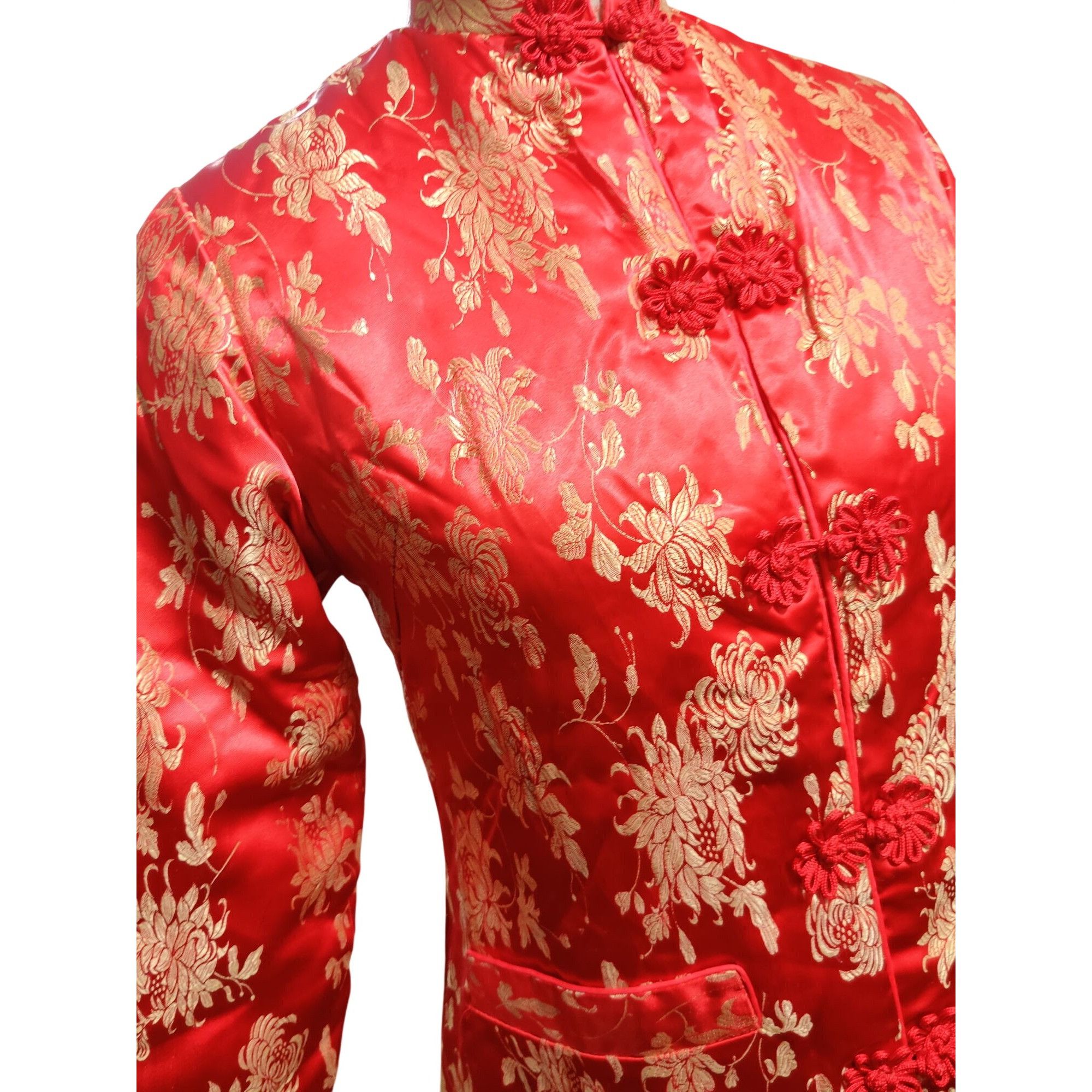 Vintage Womens S Red Jacket Brocade Vintage Chinese Gold Floral Frog Size S / US 4 / IT 40 - 2 Thumbnail