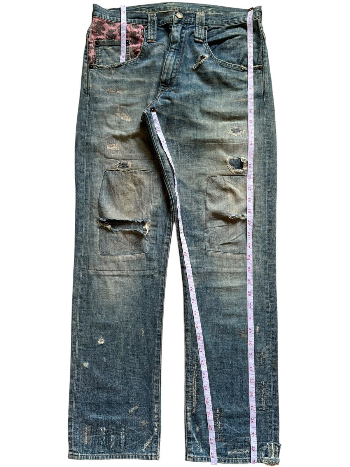 Japanese Brand × KMRii Vintage Rna Inc Buckle Back Faded Wash Distress Patch Jeans Size US 31 - 14 Thumbnail