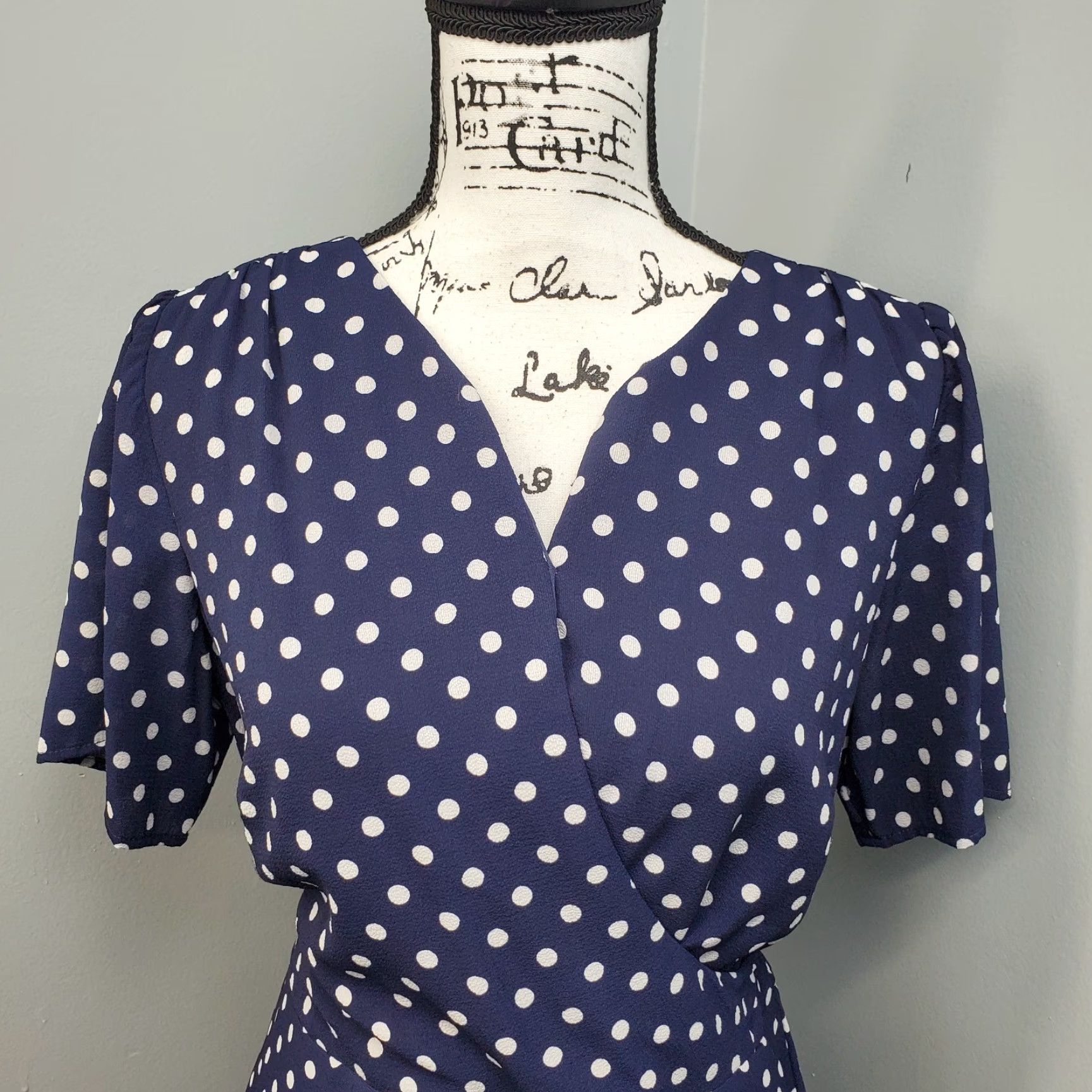 Vintage Rabbit Wrap Dress Womens Size 12 Navy White Polka Dot Lined Swing Hem Zip V-Neck Size XL / US 12-14 / IT 48-50 - 6 Thumbnail