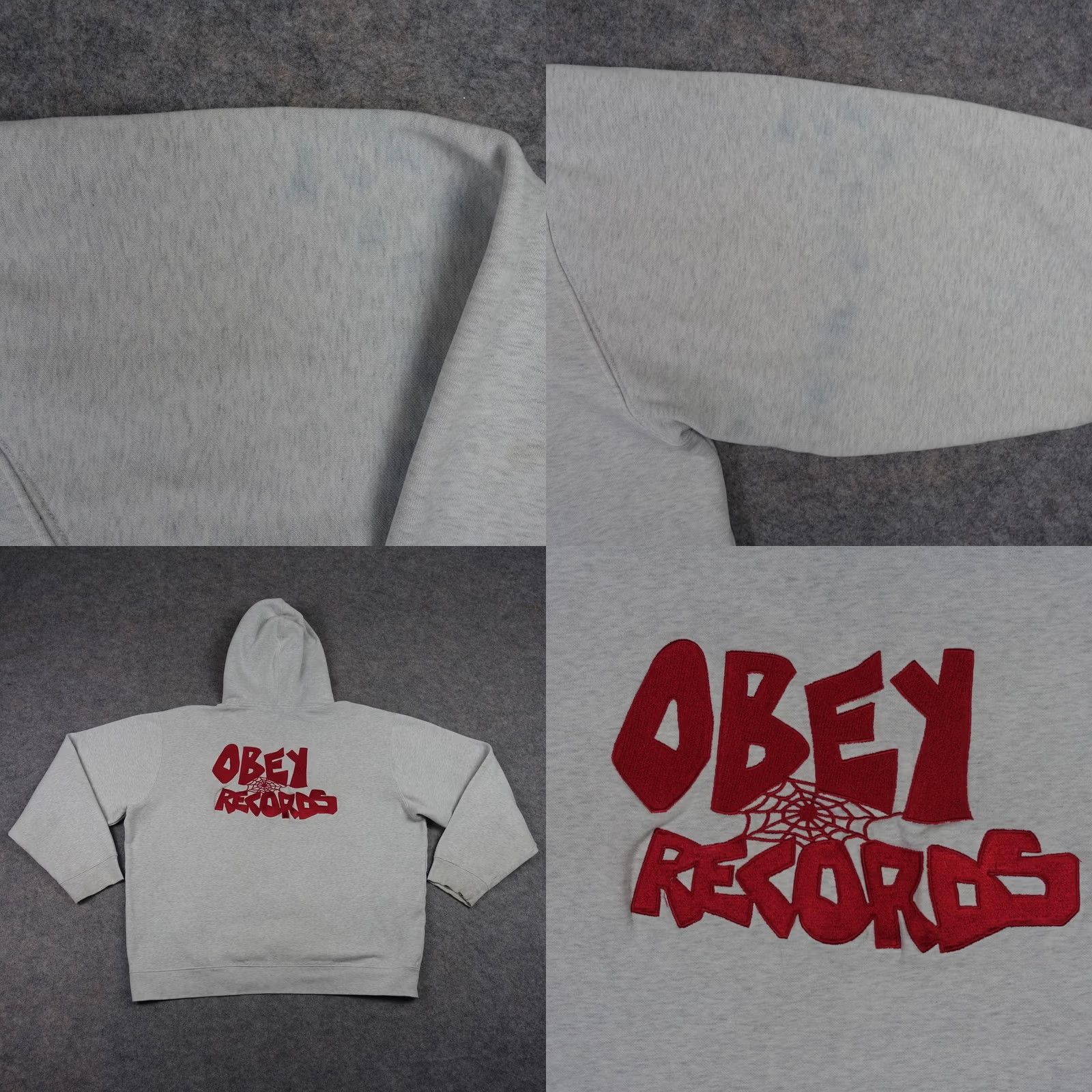 Obey VINTAGE OBEY Hoodie Mens XL Gray Records Pullover Embroidered Music Spider Web Crew Neck Long Sleeve Graphic Print Hooded Pockets Size US XL / EU 56 / 4 - 8 Thumbnail