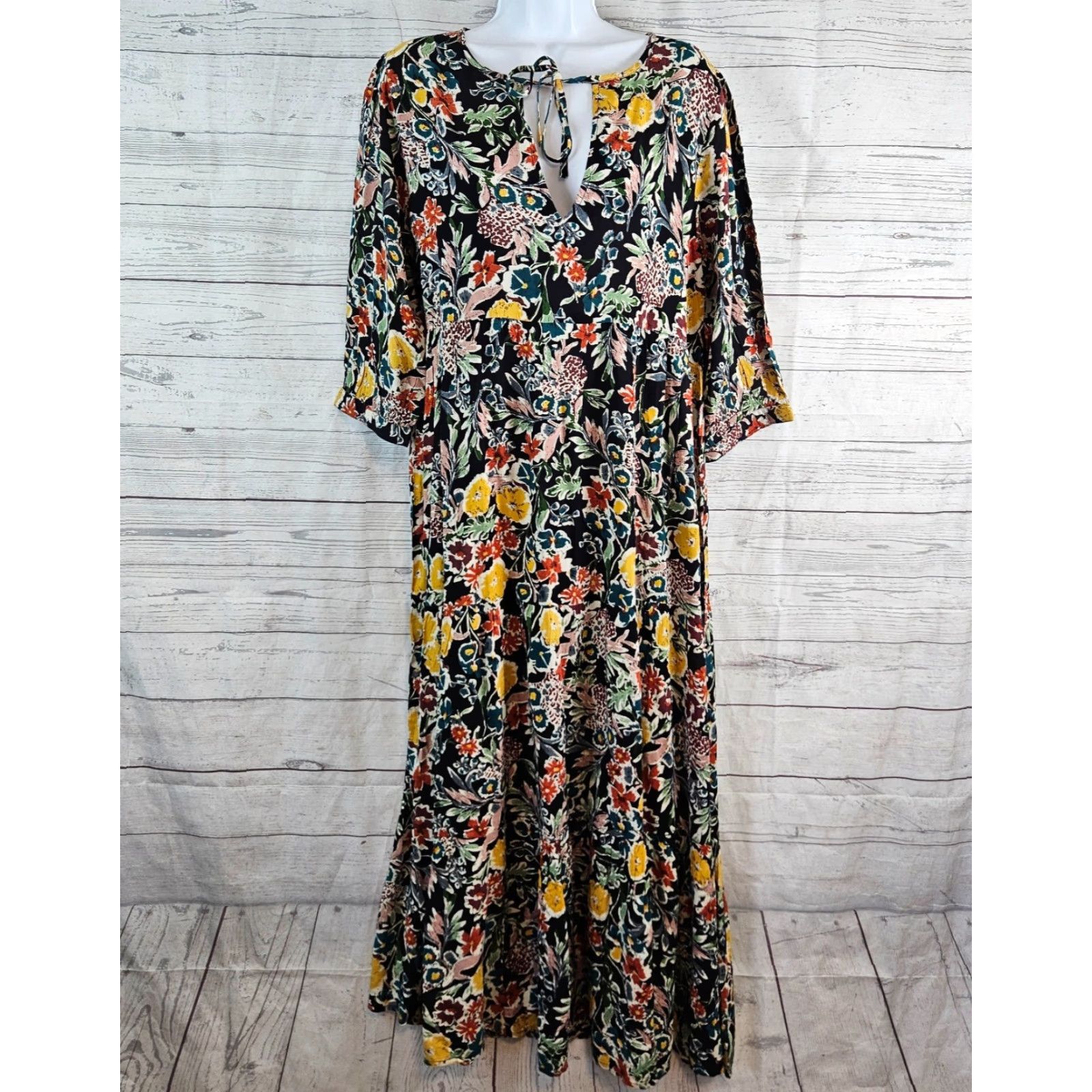 Vintage Natural Life Womens Maxi Dress Size Medium Black Floral 3/4 Sleeve Rayon Long Summer Spring Womens Size M / US 6-8 / IT 42-44 - 2 Thumbnail