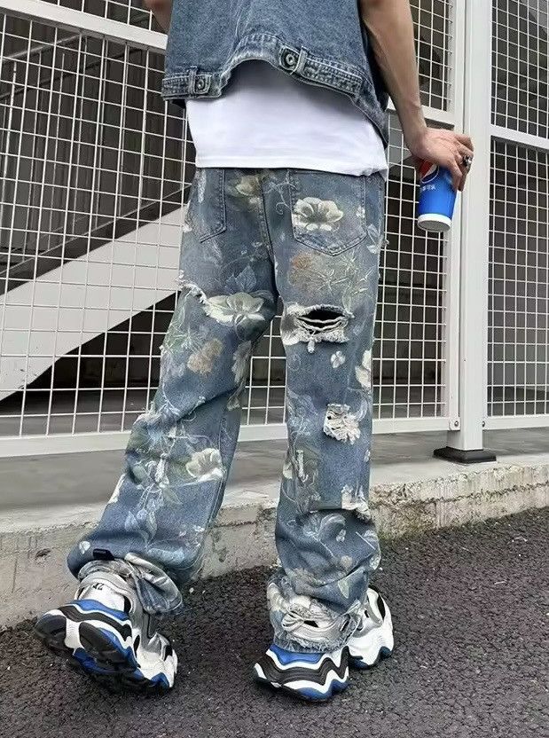 Jean Streetwear Flowers Print Ripped Baggy Jean Size US 29 - 4 Thumbnail