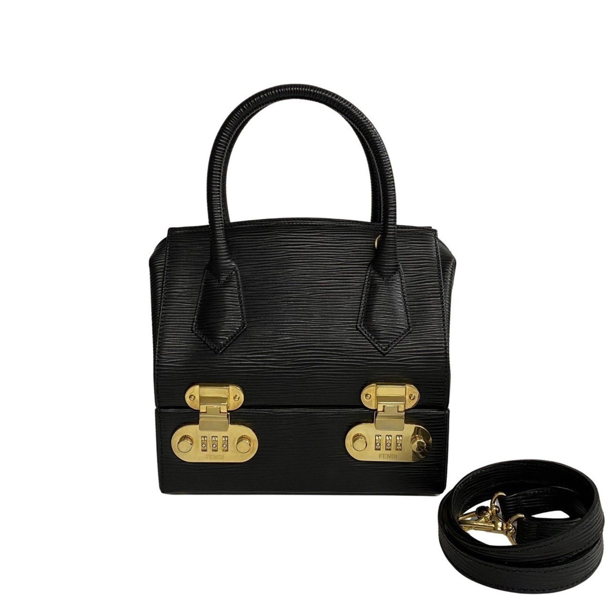 image of Fendi Logo Metal Fittings Epi Leather Genuine 2Way Handbag Vanity Bag Makeup Box Shoulder Black 257