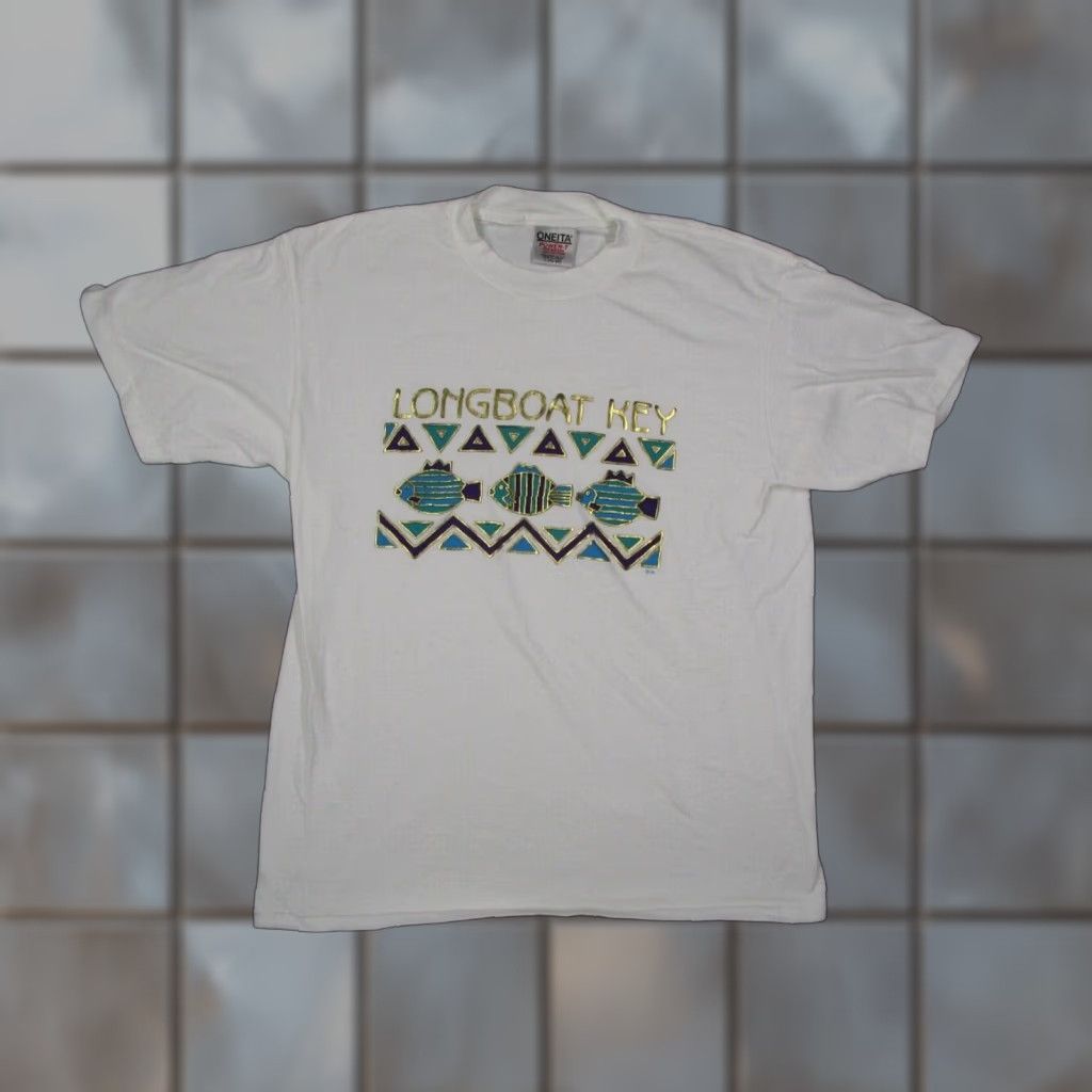 Vintage VINTAGE Oneita Longboat Key Men's White Short Sleeve Crew Neck Tee - Large - 90s Beach Fish Graphic Print Shirt Size US L / EU 52-54 / 3 - 1 Thumbnail