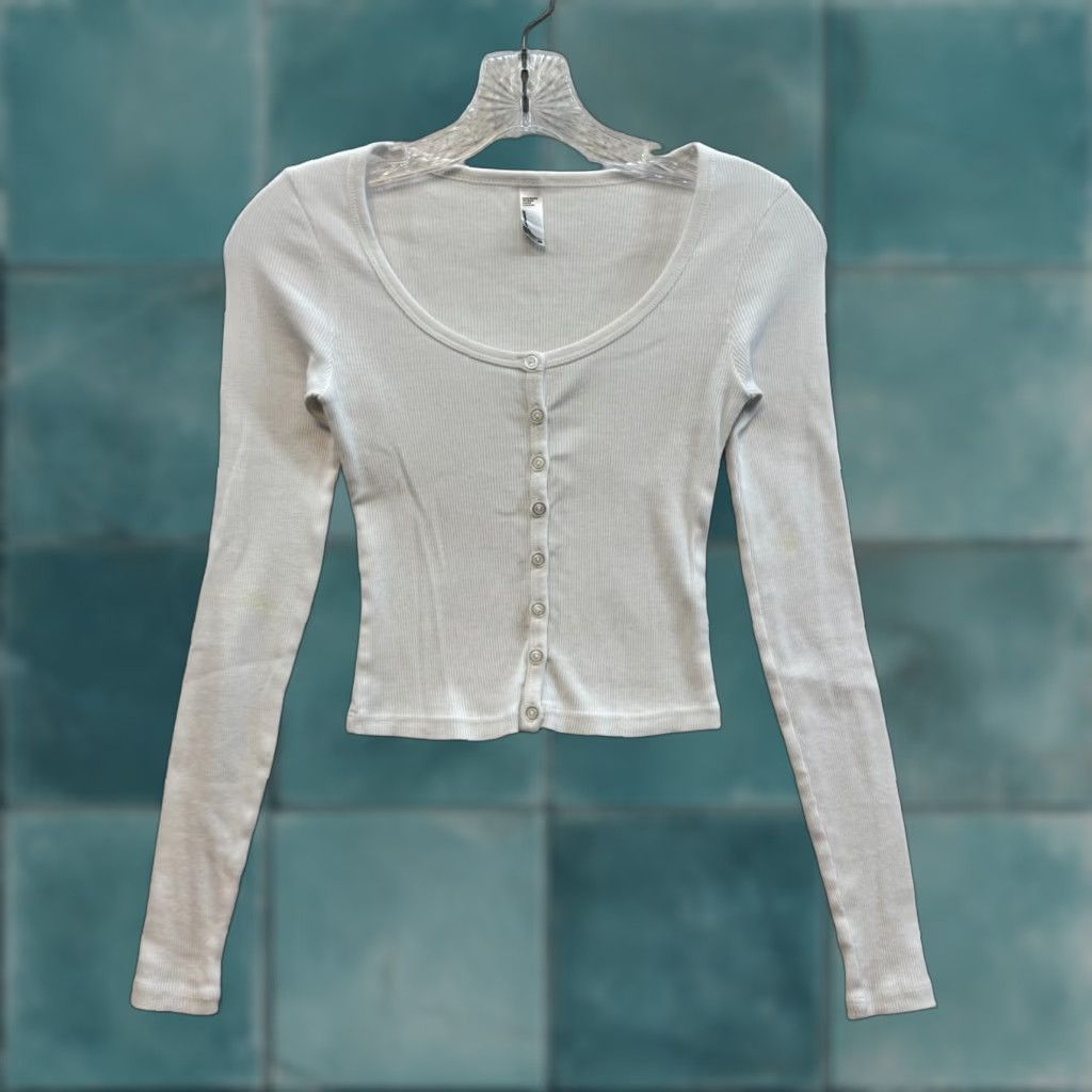American Apparel VINTAGE American Apparel Long Sleeve Shirt XS White Rib Knit Button Up Basic Women Size XS / US 0-2 / IT 36-38 - 1 Thumbnail