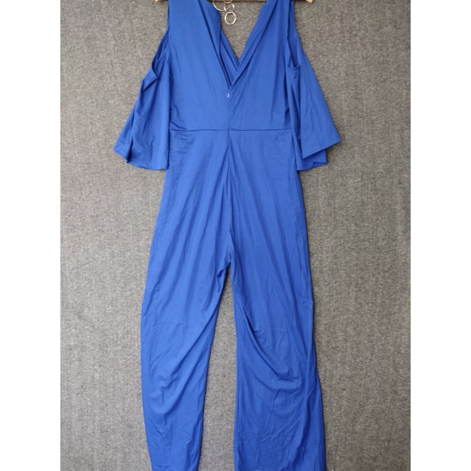Vintage Women's Jumpsuit Casual 2XL V-Neck Short Sleeve Cold Shoulder Wide-Leg Blue Polyester Spandex One-Piece Size 40" / US 18 - 2 Thumbnail