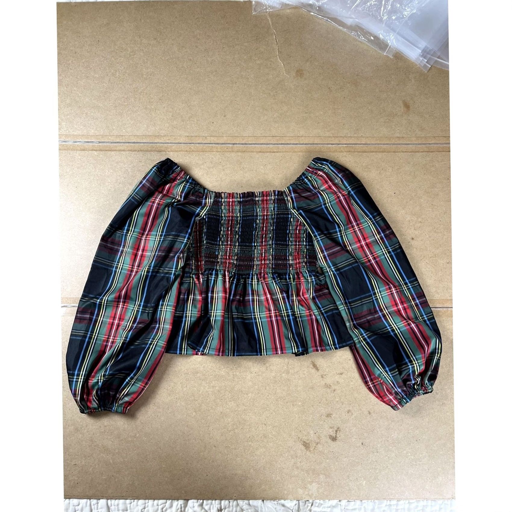 J.Crew J.CREW Blouse Womens M Multicolor Cropped Off the Shoulder Balloon Sleeve Plaid Size M / US 6-8 / IT 42-44 - 6 Thumbnail