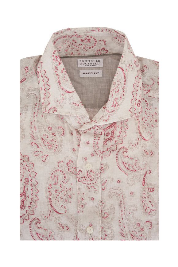 Brunello Cucinelli o1mtch0225 Paisley Print Linen Sport Shirt in Red/Tan Size US L / EU 52-54 / 3 - 1 Thumbnail
