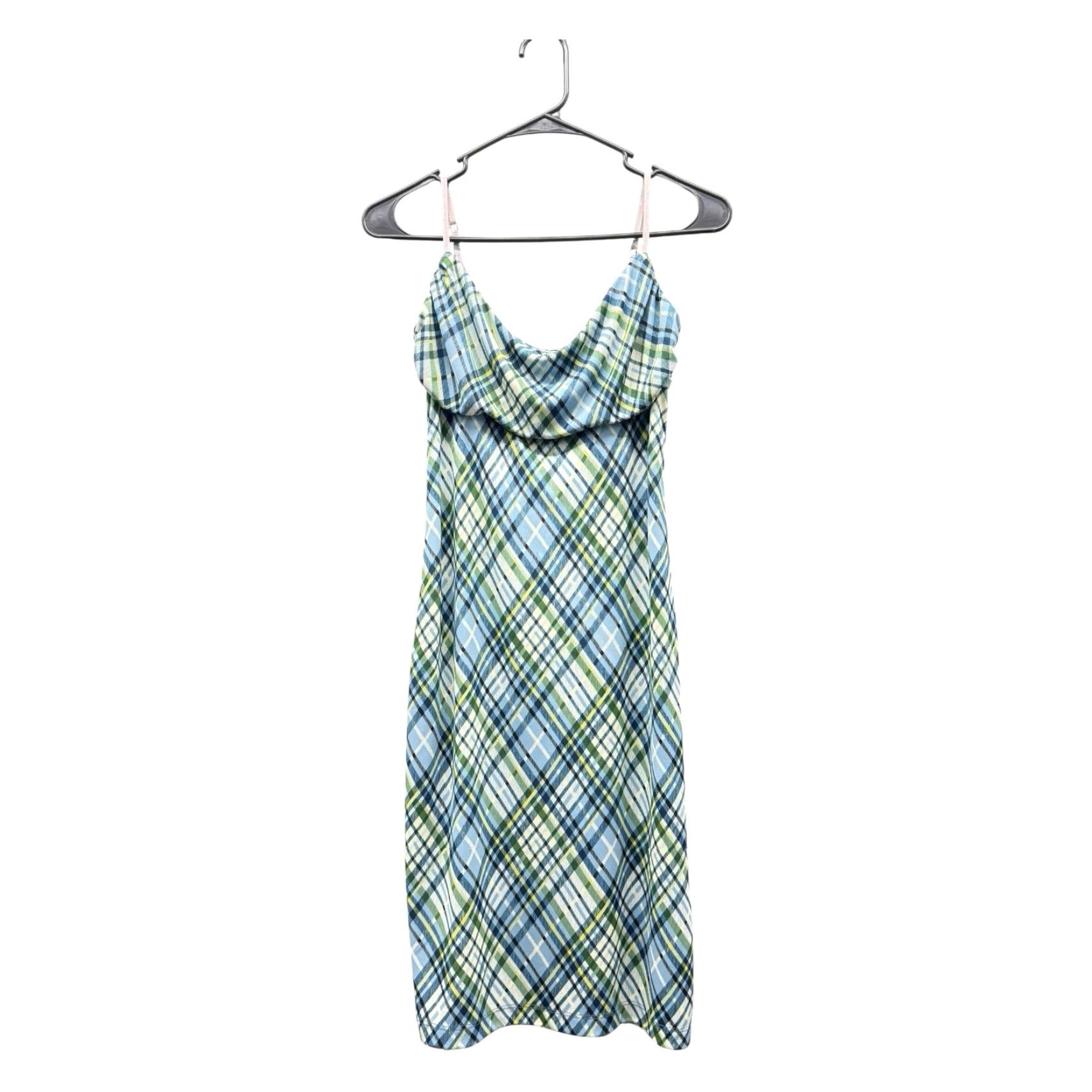 VINTAGE BCBGMAXAZRIA Plaid Midi Dress Spaghetti Strap Sleeveless Pullover  Blue M Women
