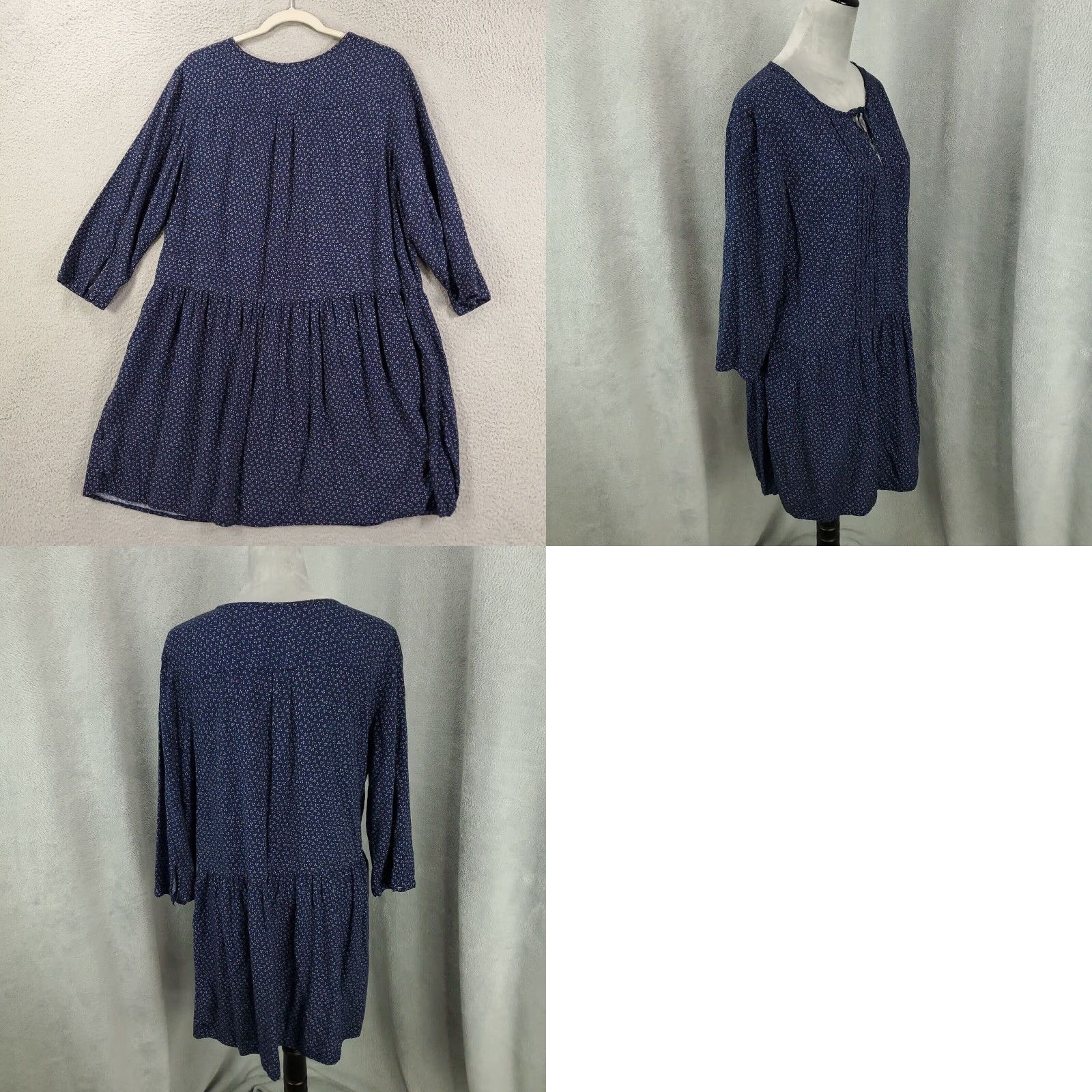 Old Navy Womens Dress L Navy Blue Ditsy Speckled Keyhole V Neck Pleated Tie Bohemian Classic Colorful Old Navy Size L / US 10 / IT 46 - 8 Thumbnail