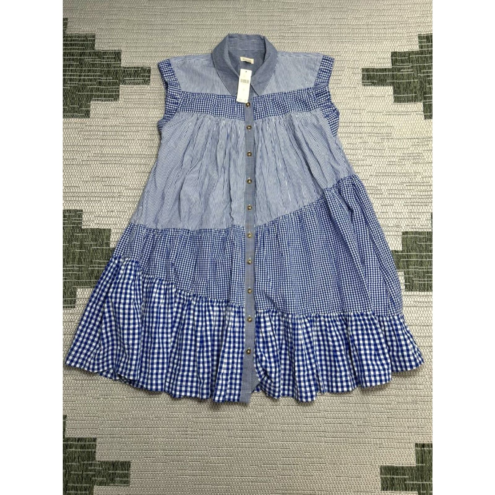 VINTAGE Anthropologie By Pilcro Tunic Dress Womens XS Blue Gingham Flounce  Hem New