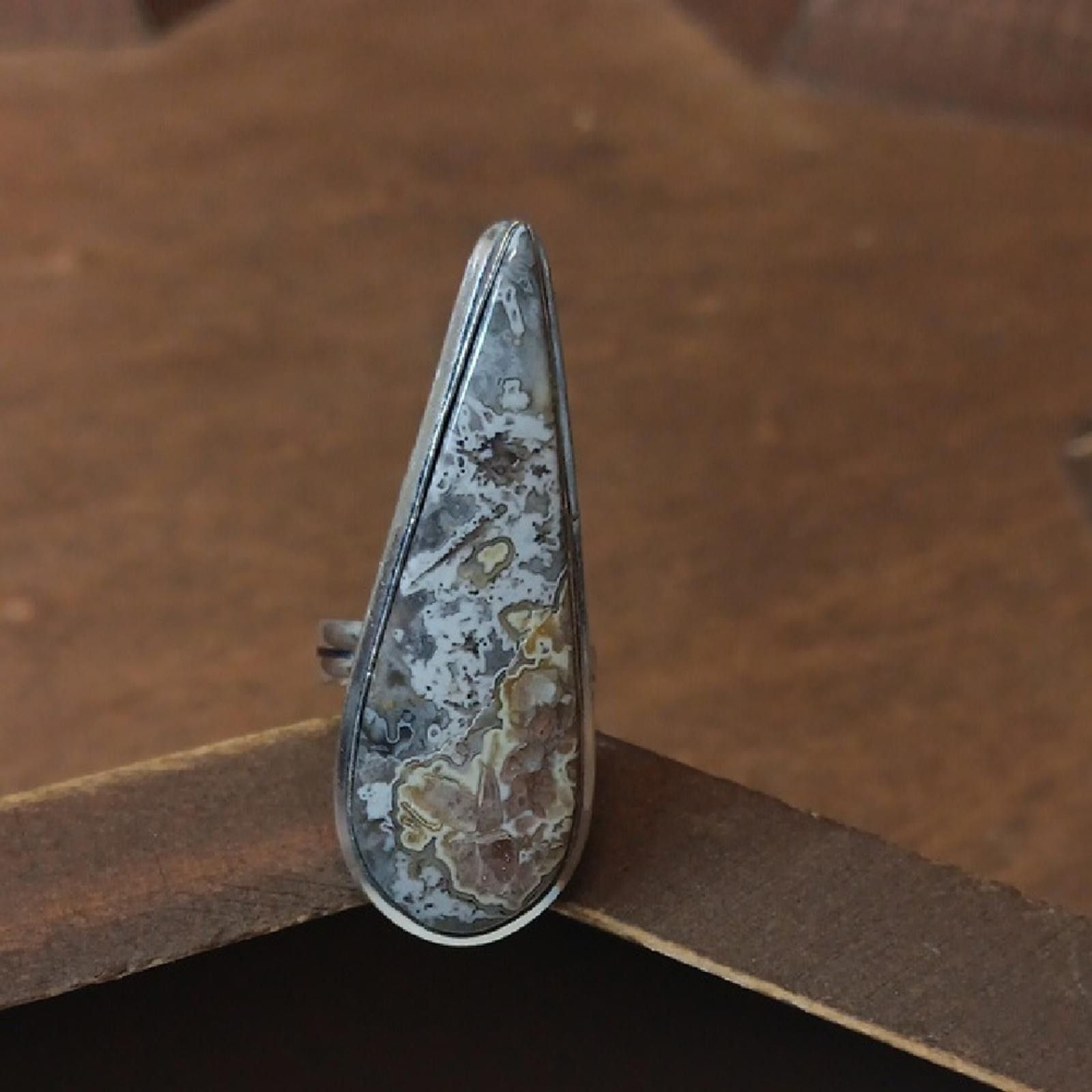 Designer Elegant Teardrop Mexican Lace Agate Stone Ring Size ONE SIZE - 1 Thumbnail