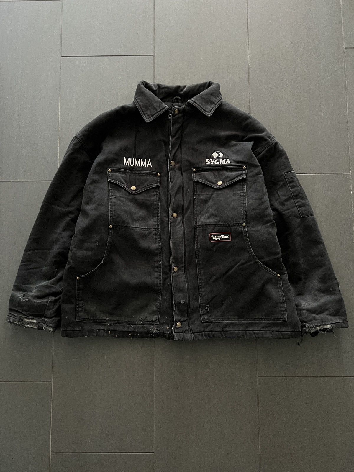image of Vintage Distressed Embroidered Patched Workwear Jacket in Black, Men's (Size XL)