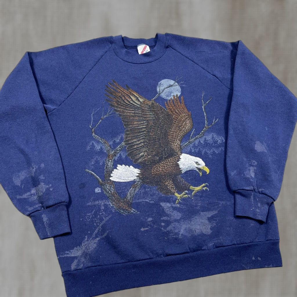 Jerzees Vintage Jerzees Blue Crewneck Sweatshirt Men L Indoor 90s USA Nature Graphic Print Bald Eagle, Faded Grunge, Classic Retro 80s 90s Shirt Mens Size US L / EU 52-54 / 3 - 1 Thumbnail