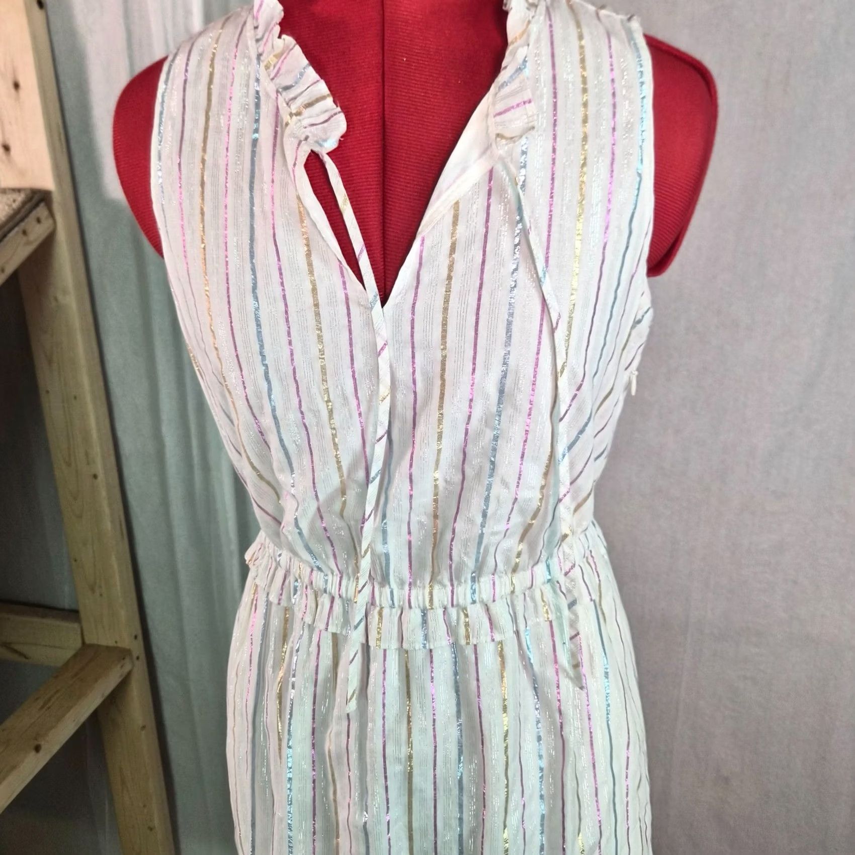 J.Crew J.CREW Womrns Dress Midi White Metallic Striped Size 2 Tie-front Sundress Casual Classic Preppy Summer Spring Size XS / US 0-2 / IT 36-38 - 2 Thumbnail