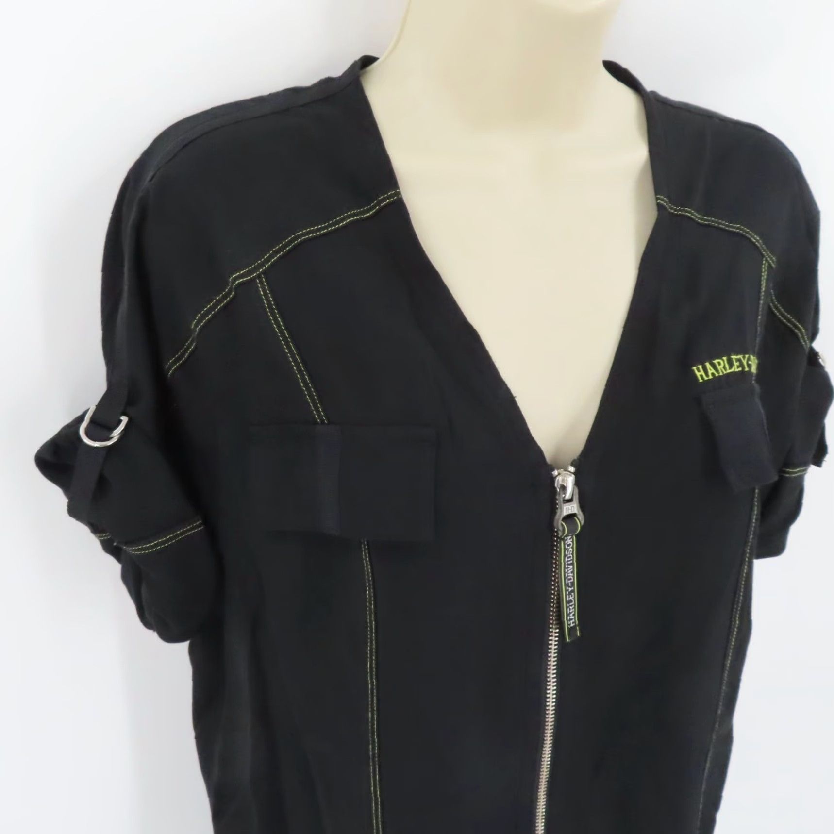 Harley Davidson Harley-Davidson Blouse Shirt Women Medium Black Short Sleeve Zipper Front Top | Motorcycle Theme, Basic Style, Solid Pattern Size M / US 6-8 / IT 42-44 - 3 Thumbnail