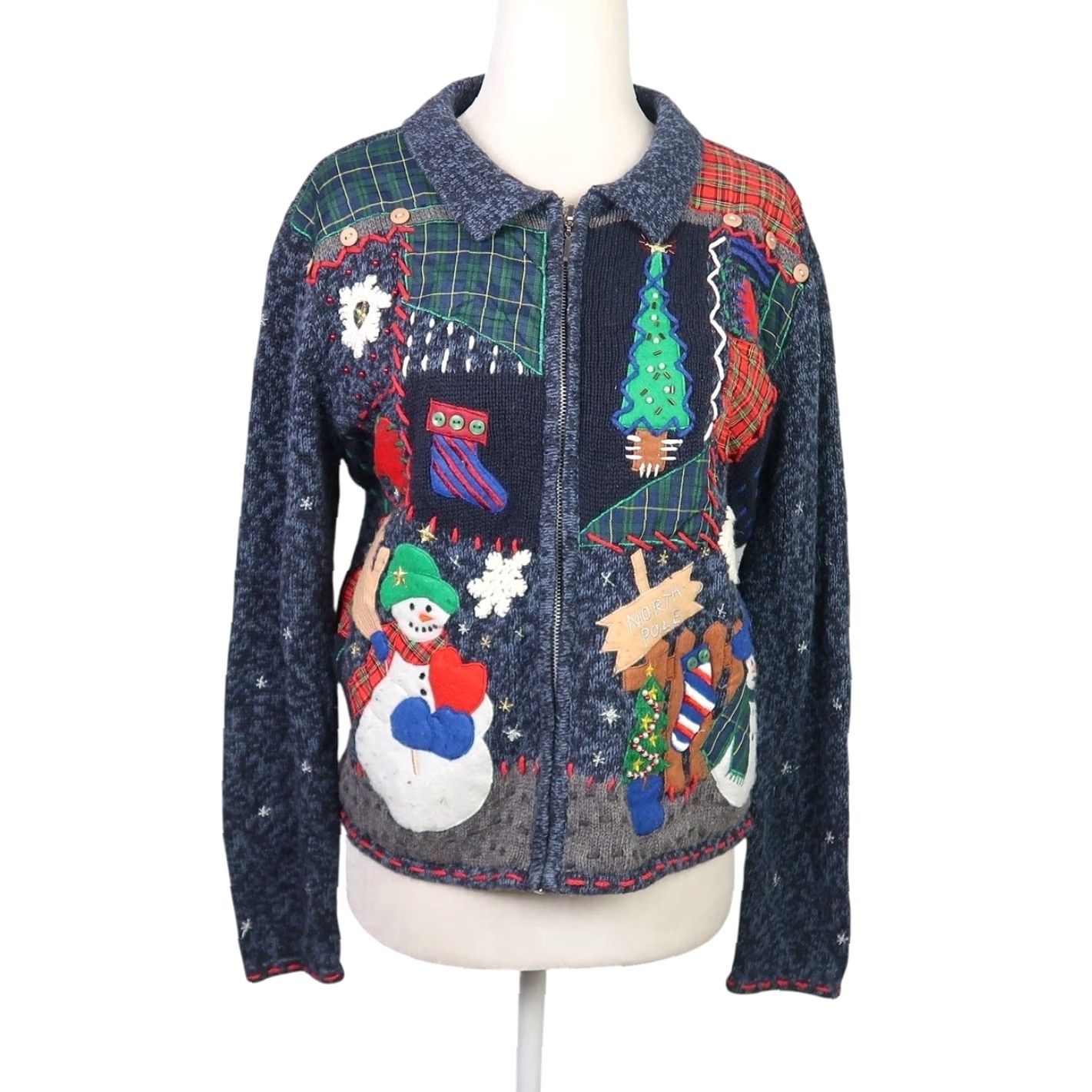 Vintage VINTAGE Designers Originals navy blue Christmas patchwork Cardigan S Women Long Sleeve Knit Cotton Ramie Christmas 90s Sweater Size S / US 4 / IT 40 - 2 Thumbnail