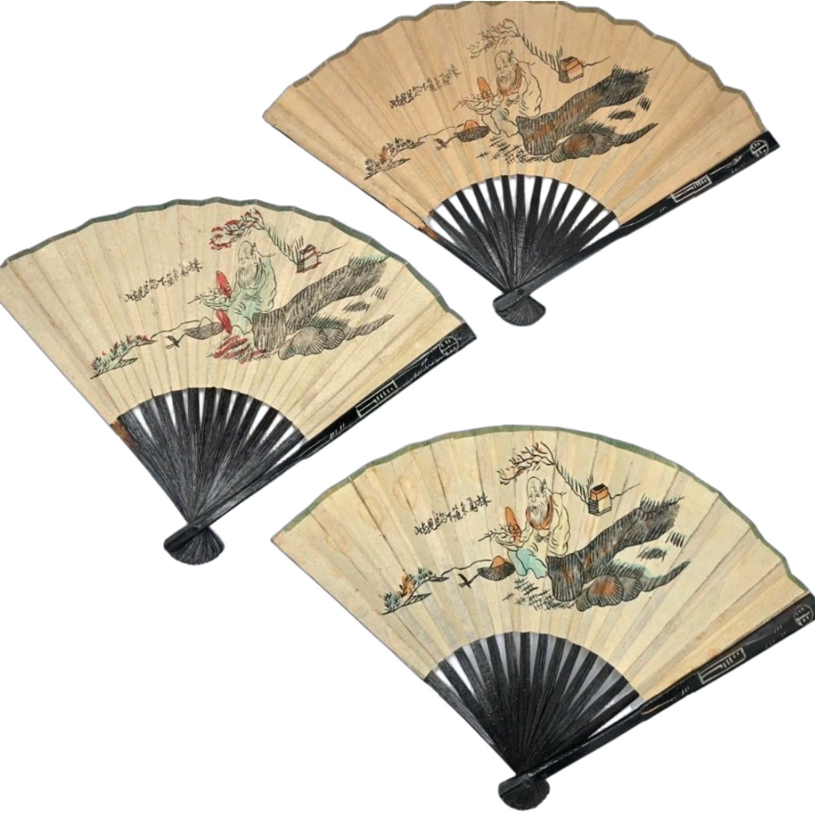 Vintage VTG 3 Lot Matching Chinese Folding Hand Fans Handmade Painted Rice/Bamboo Paper Fans Size ONE SIZE - 1 Thumbnail