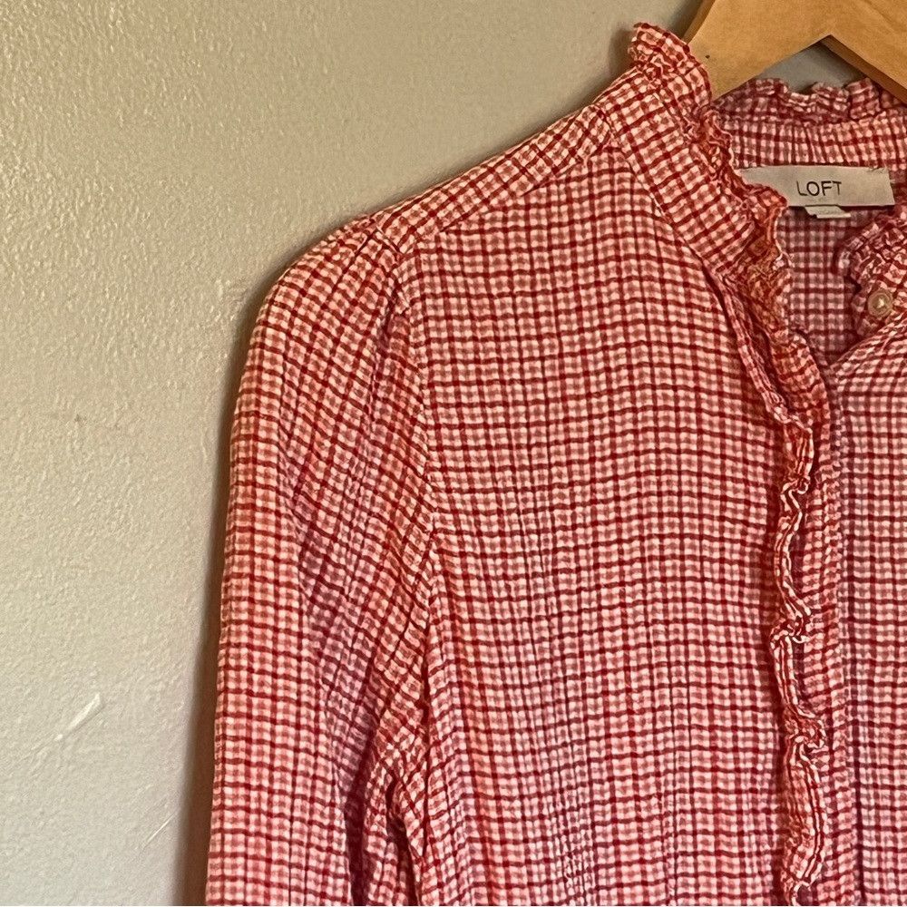 Loft Loft Petite Plaid Ruffle Shirt Red White Small Size S / US 4 / IT 40 - 5 Thumbnail