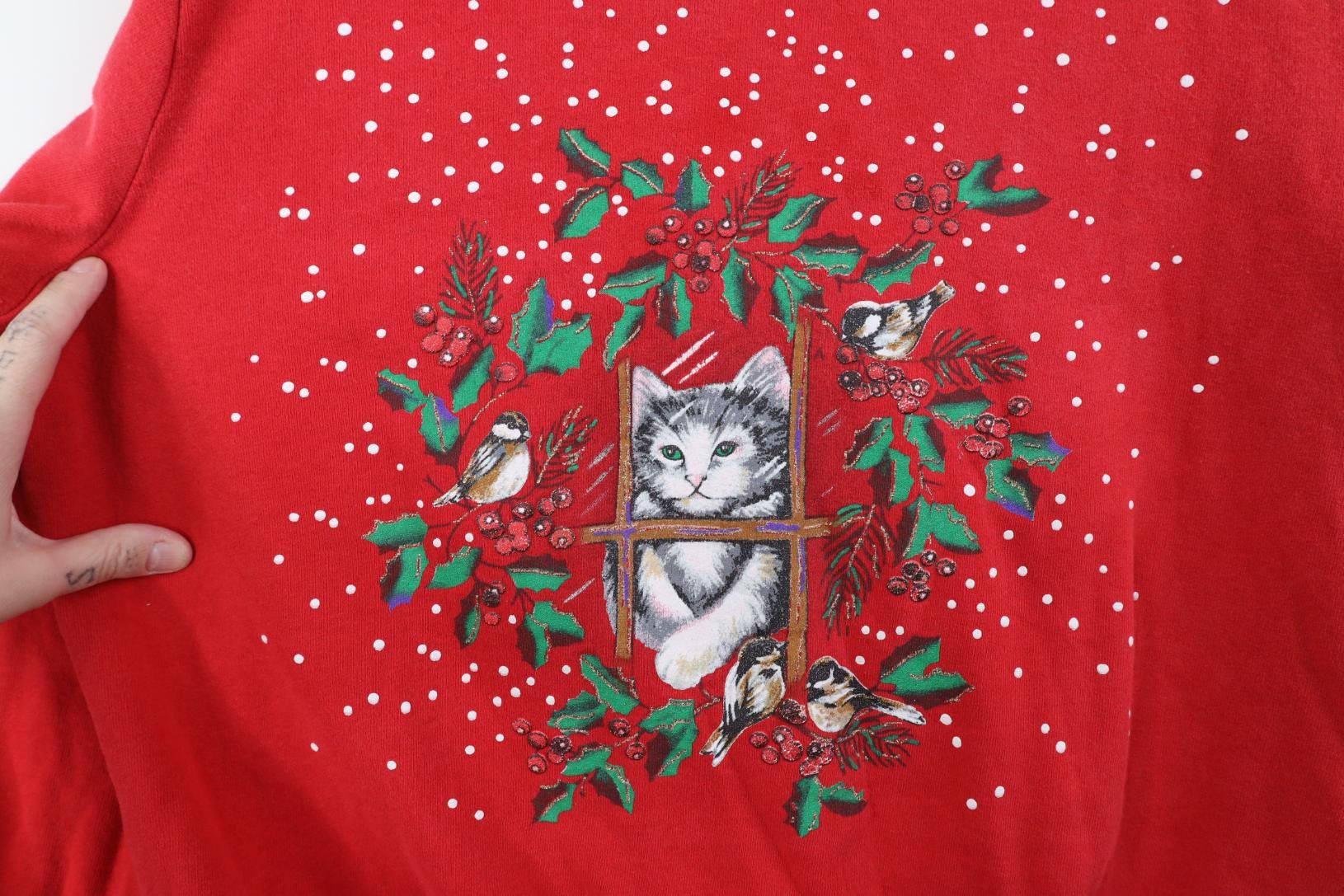 Vintage Vintage 90s Streetwear Christmas Cat Kitten Bird Sweatshirt Size M / US 6-8 / IT 42-44 - 4 Thumbnail