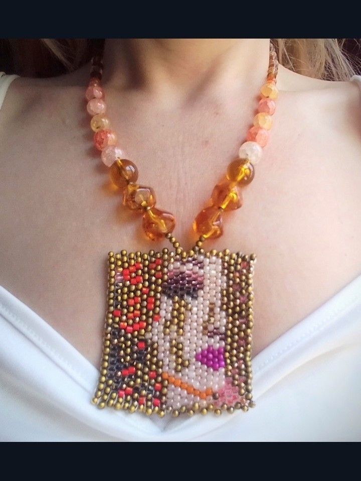 Handmade Necklace. Gemstones Agata+resin pearls. Pendant art.Boho Size ONE SIZE - 2 Thumbnail