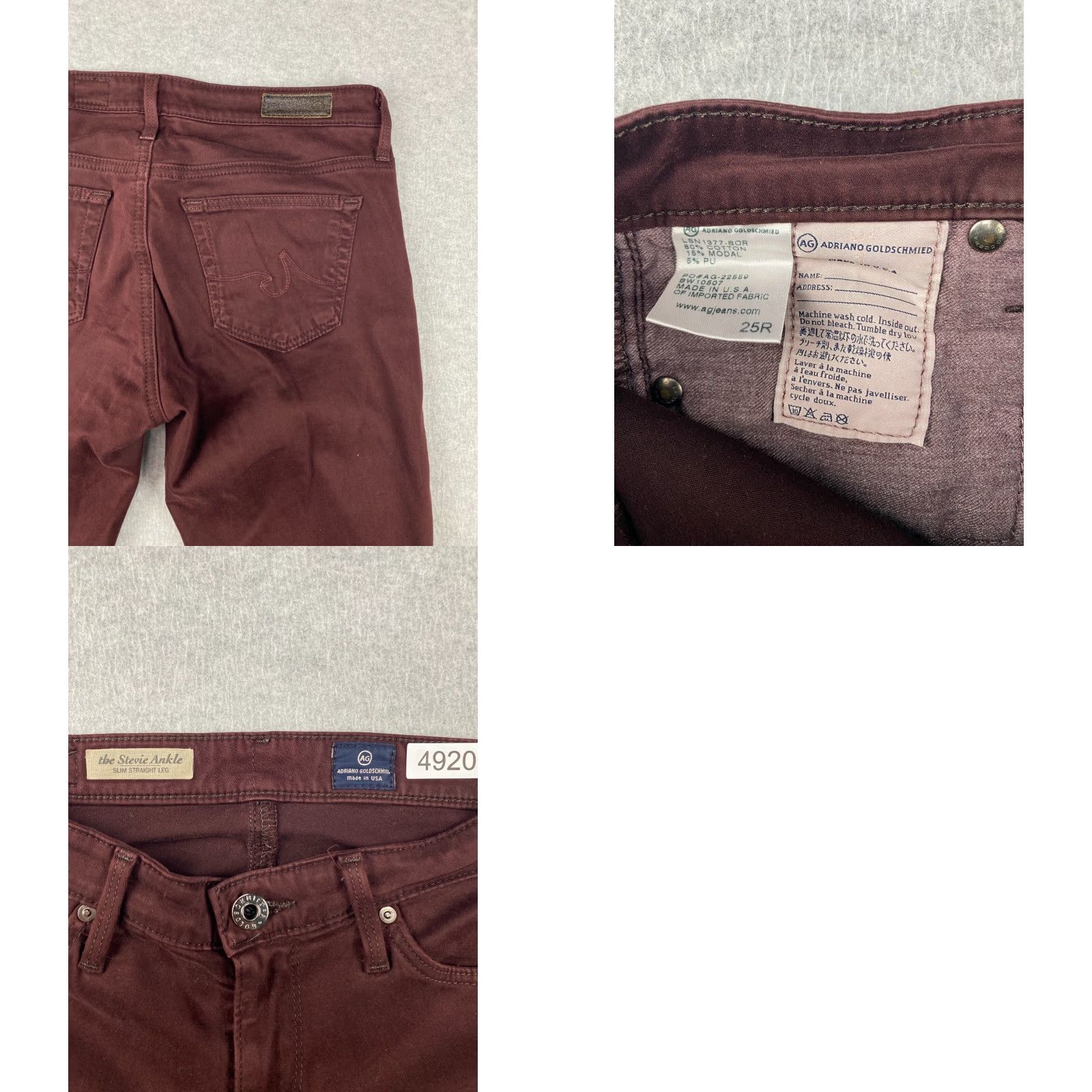 Vintage AG Adriano Goldschmied Jeans Womens 25 R Burgundy Stevie Ankle Slim Straight USA Jeans (AG Stevie) Apple?? Size 42" / US 20 - 8 Thumbnail