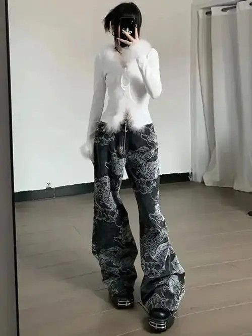 Japanese Brand Black Baggy Jeans Women Streetwear Dragon Print Size 30" / US 8 / IT 44 - 3 Thumbnail
