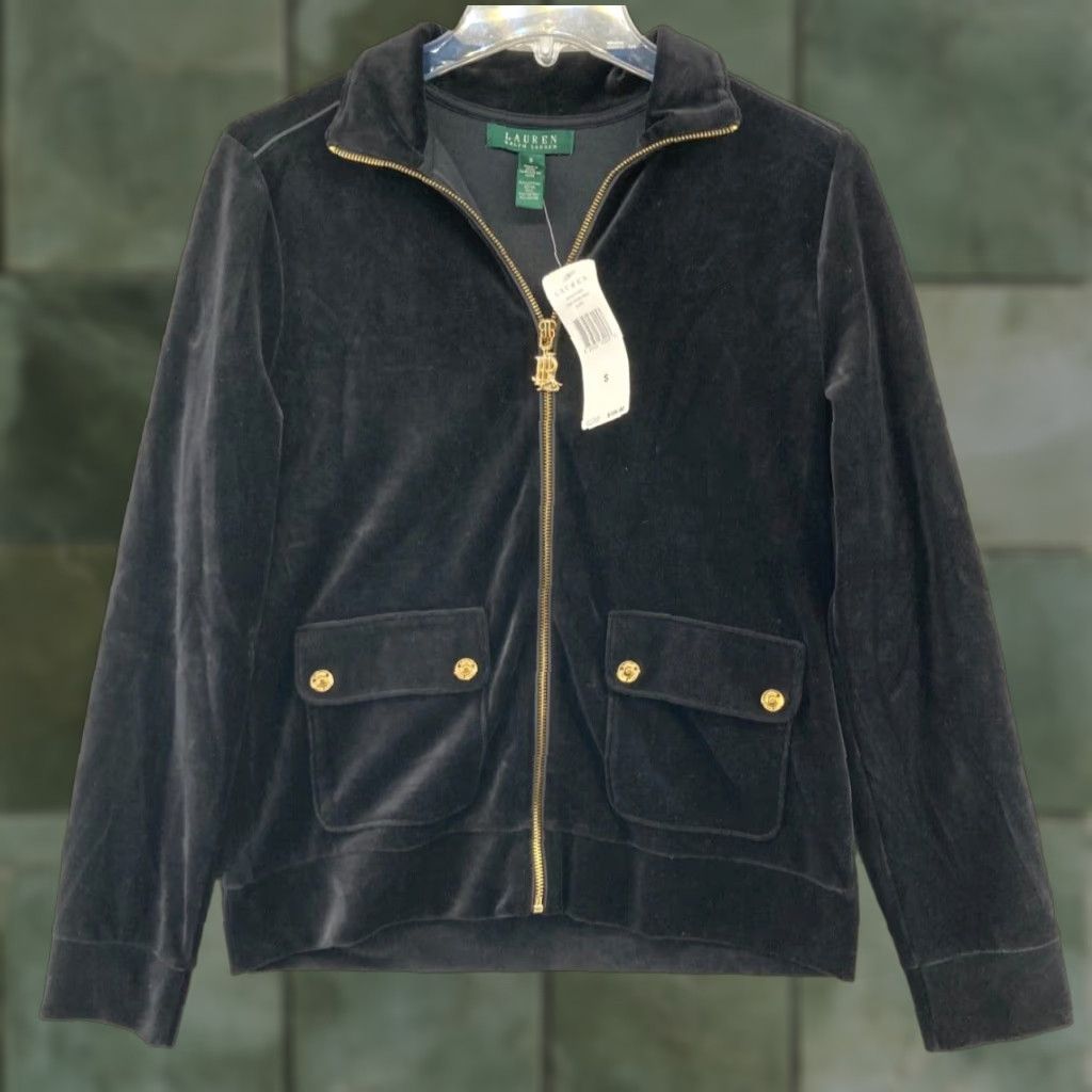 Ralph Lauren VINTAGE Lauren Ralph Lauren Full Zip Velvet Velour Jacket Womens Petite S Black Crest Size S / US 4 / IT 40 - 1 Thumbnail