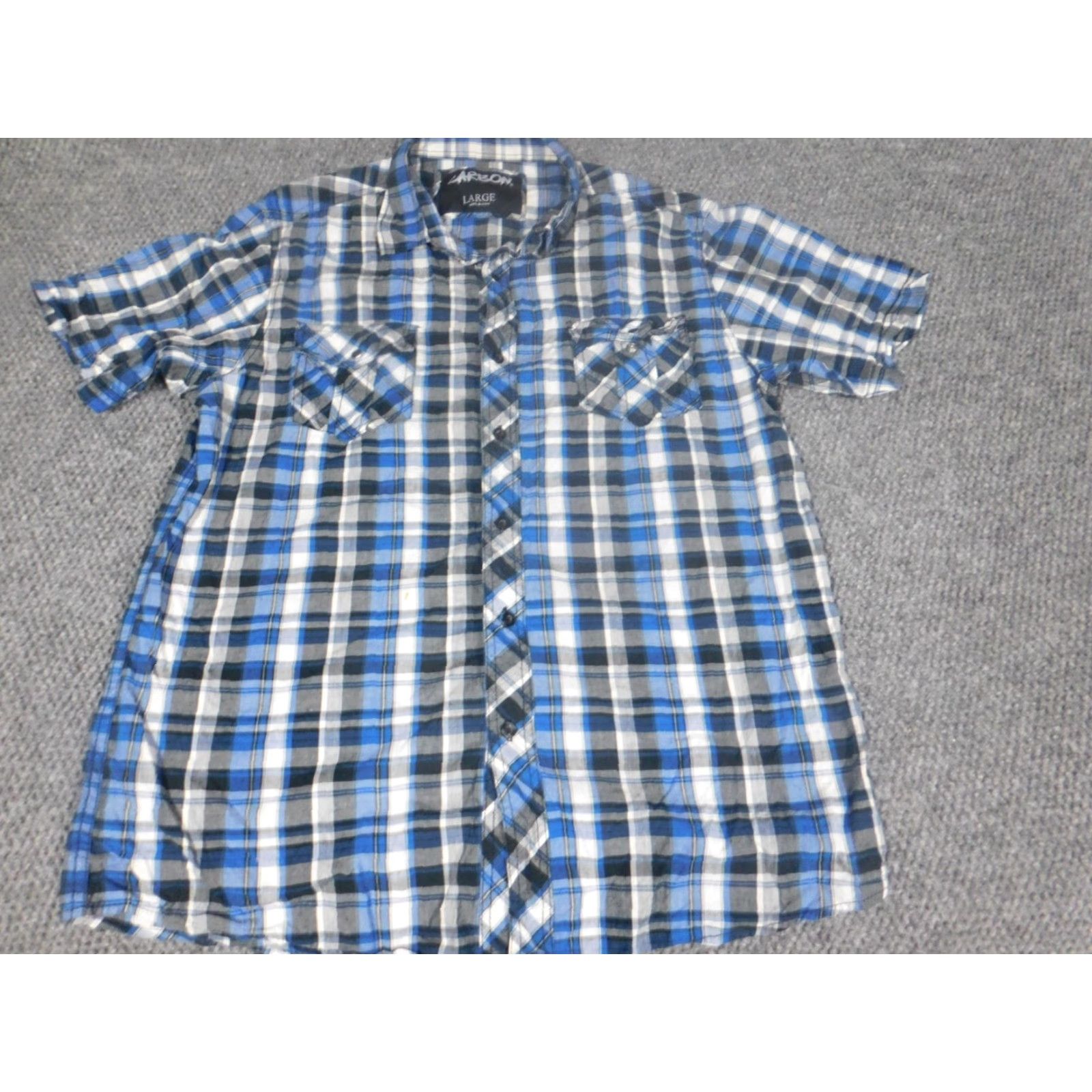 Carbon Carbon Mens Shirt L blue plaid Button-Down Short Sleeve Slim Casual Size US L / EU 52-54 / 3 - 3 Thumbnail