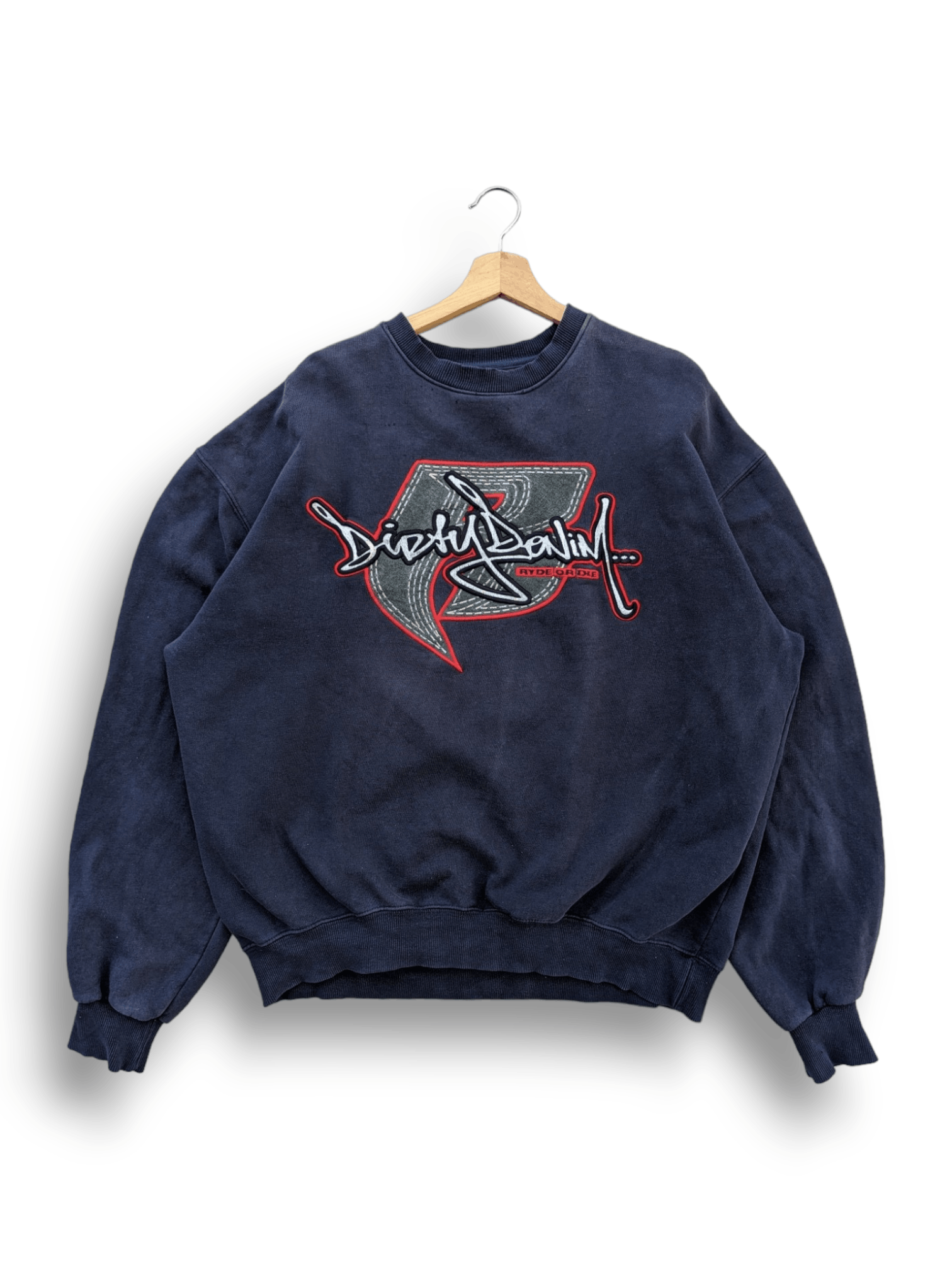 image of Jnco x Ride Or Die Long Sleeve Vintage Ryde Or Die "dirty Denim" Embroidery Sweatshirt in Dark Blue