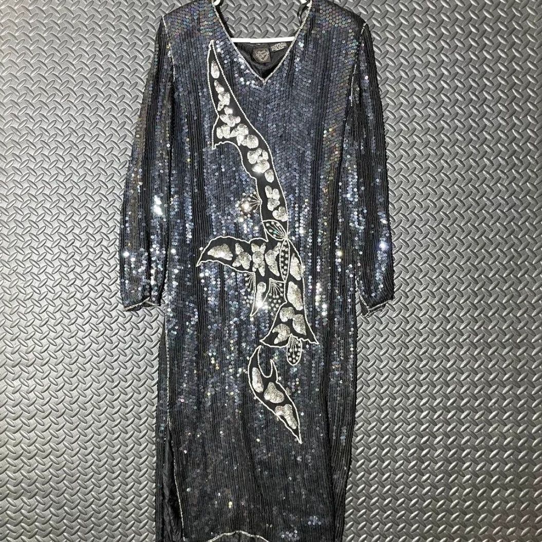 Vintage VINTAGE Jewel Queen Black Elegant Beaded Sequin Dress 100% Silk Women's Size M Midi A-Line Dress Womens M Black Jewel Queen Women Size M / US 6-8 / IT 42-44 - 2 Thumbnail