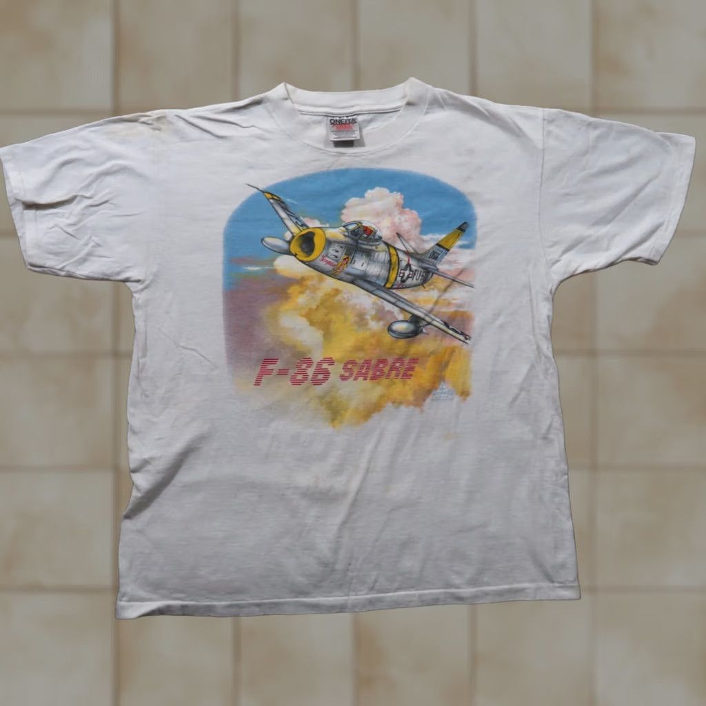 Gildan F-86 Sabre Fighter Shirt - Vintage Blue Cotton Knit - Retro Sports 1990s Size US L / EU 52-54 / 3 - 1 Thumbnail