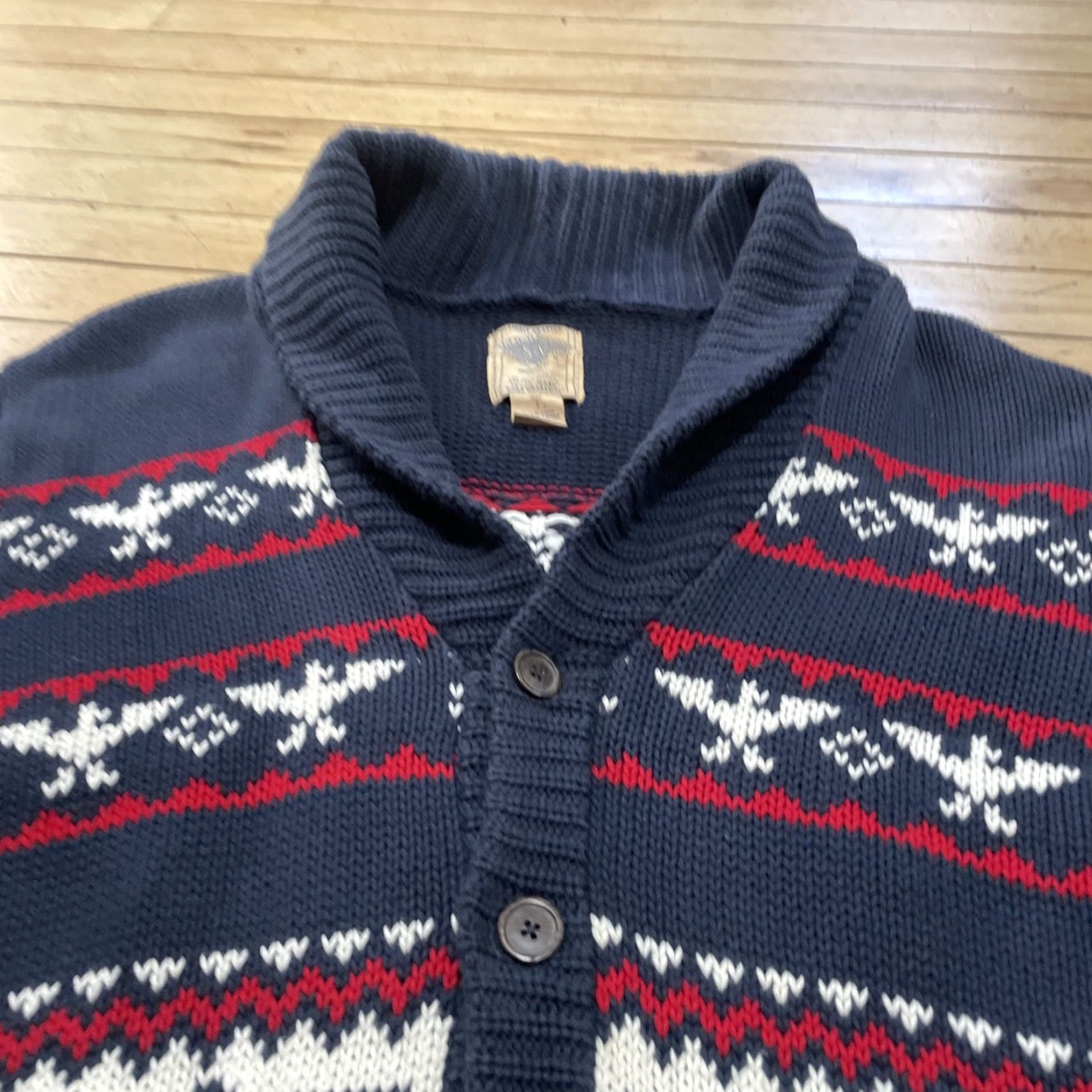 Vintage Salt Valley Cardigan Sweater L Blue Red White Cotton Knit Shawl Collar Casual Mens 90s Lebowski Aztec Fair Isle Pockets Size US L / EU 52-54 / 3 - 5 Thumbnail