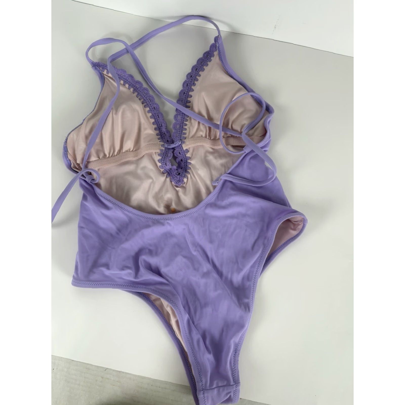 Vintage Shade & Shore One Piece Swimsuit Women's M Lilac Crochet Low Cut Tank Strap Spaghetti Adjustable Backless Removable Pads Nylon Polyester Spandex Size ONE SIZE - 4 Thumbnail