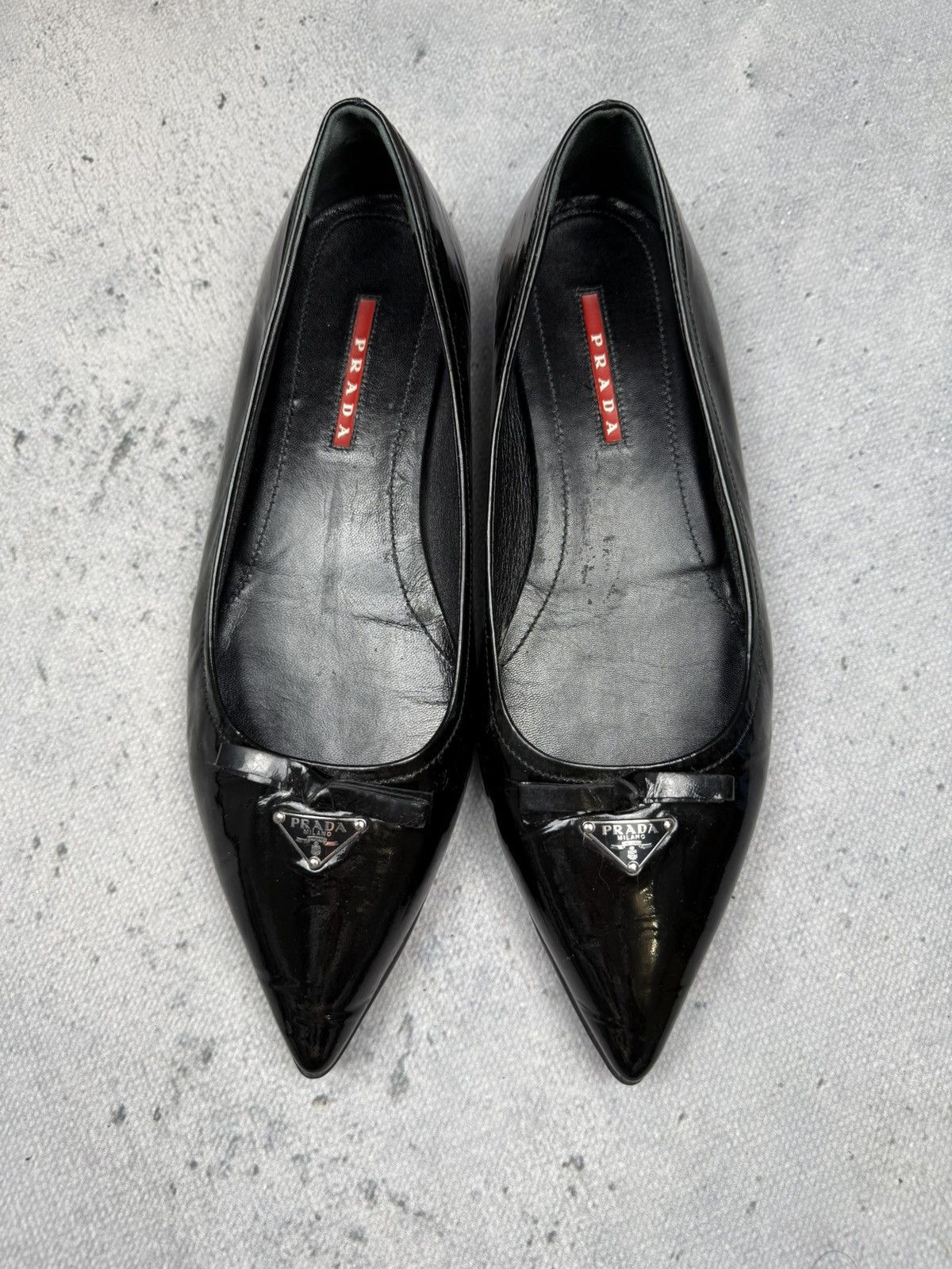 Prada Prada Black Patent Leather Pointed Toe Flats Metal Logo Rare Size US 8.5 / IT 38.5 - 4 Thumbnail