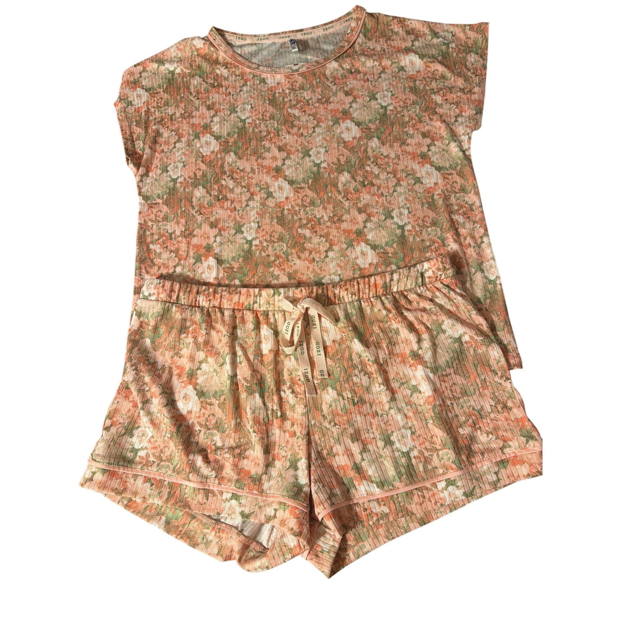 Izod Izod Floral Ribbed Knit Pajama Set Short Sleeve Top Drawstri Size ONE SIZE - 1 Thumbnail