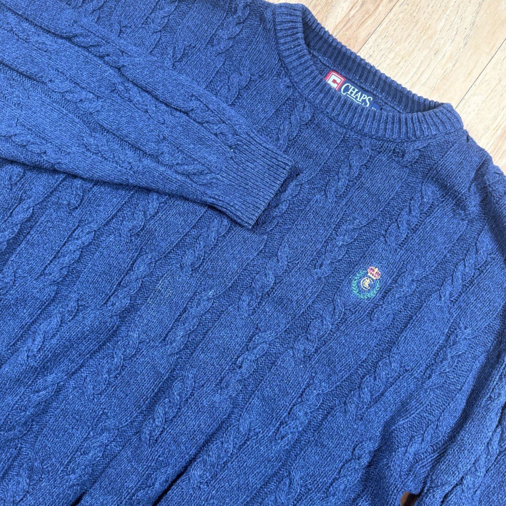 Ralph Lauren VINTAGE Ralph Lauren Sweater Mens XL Cable-Knit Logo Pullover Blue 90s USA Made Cotton Crest Knit Grandpa Classic Size US XL / EU 56 / 4 - 2 Thumbnail