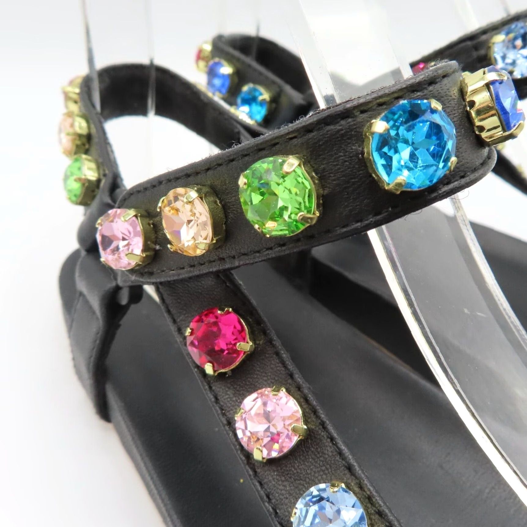 Rainbow Mystique Stephanie Gottlieb Women Sandal 8 Rainbow Rhinestone Hook Loop Leather Black Leather Sandals Womens Shoes Size US 8 / IT 38 - 6 Thumbnail
