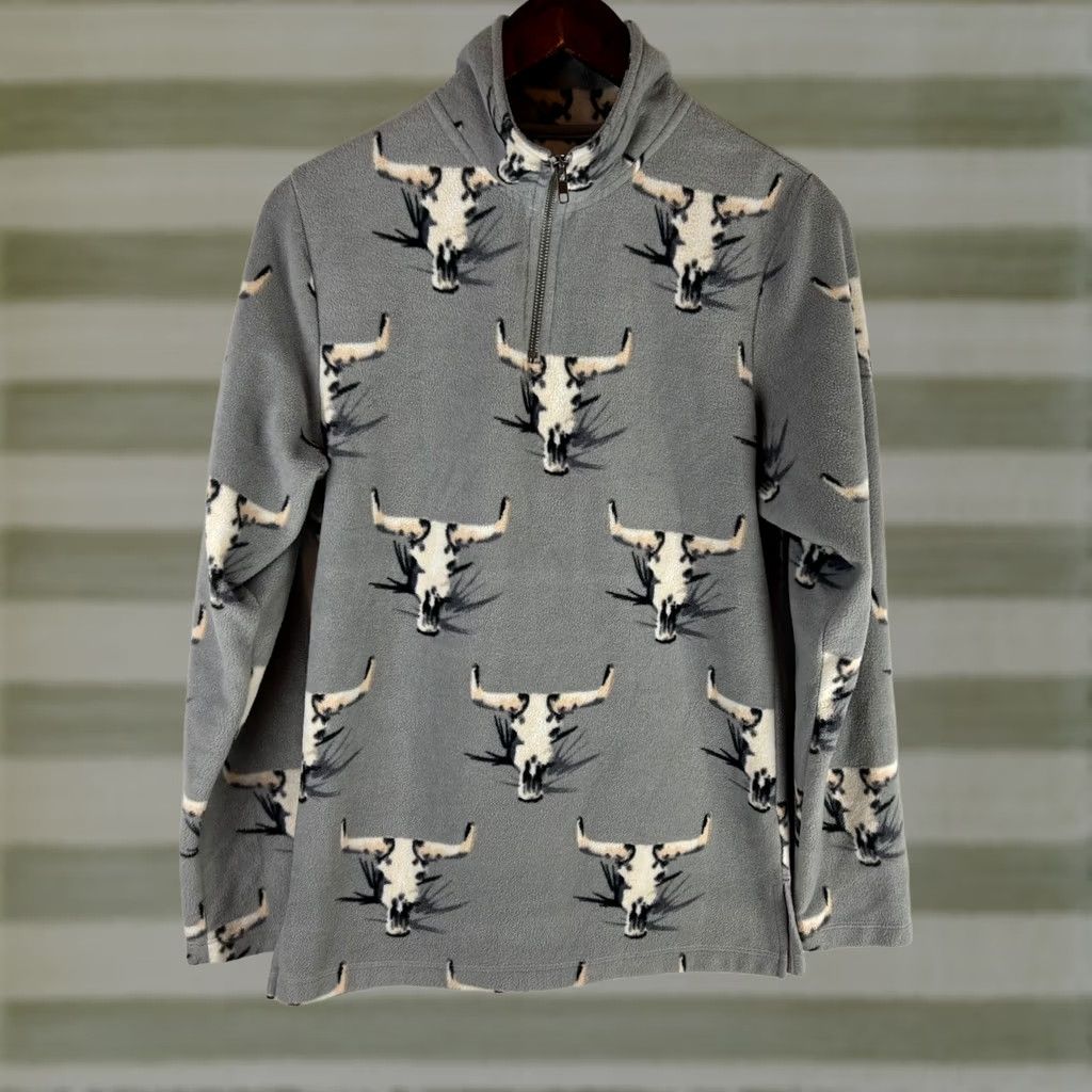 Vintage Powder River Outfitters Gray Bull Skull Fleece 1/4 Zip Pullover Women's M Shirt Size M / US 6-8 / IT 42-44 - 1 Thumbnail