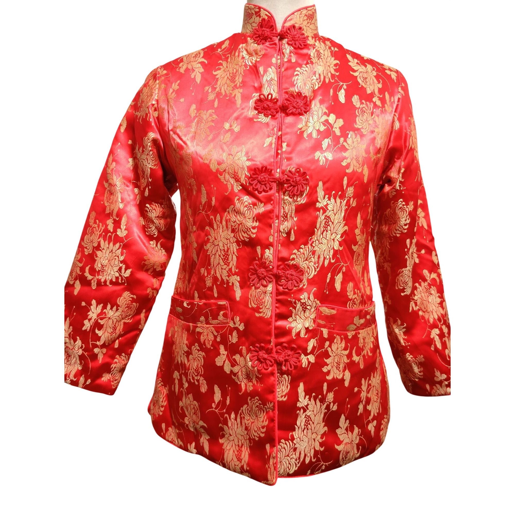 Vintage Womens S Red Jacket Brocade Vintage Chinese Gold Floral Frog Size S / US 4 / IT 40 - 1 Thumbnail