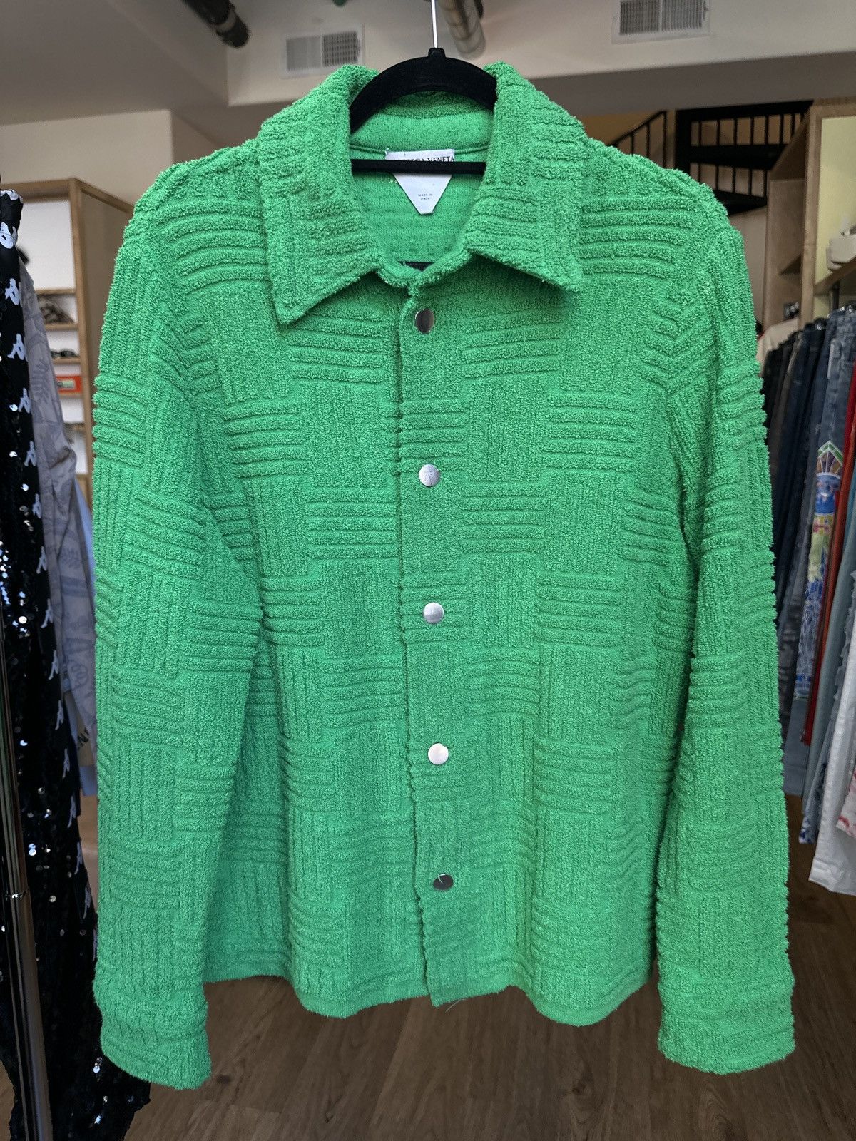 image of Bottega Veneta Towel Textured Jacquard Snap Button Shirt/jacket $1,800 in Green, Men's (Size Medium
