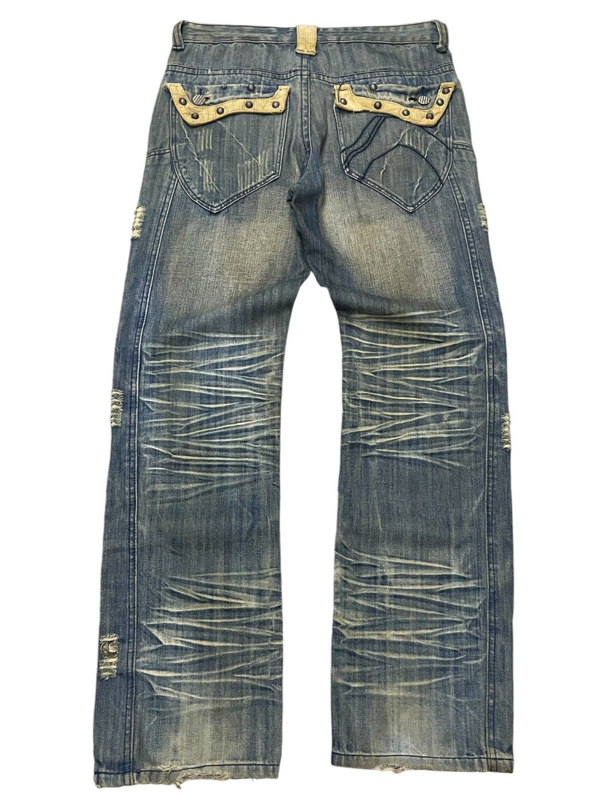 If Six Was Nine × Japanese Brand × Junya Watanabe Crazy Race Pierced & Studded Panelled Poem Mud Jeans Size US 32 / EU 48 - 2 Thumbnail