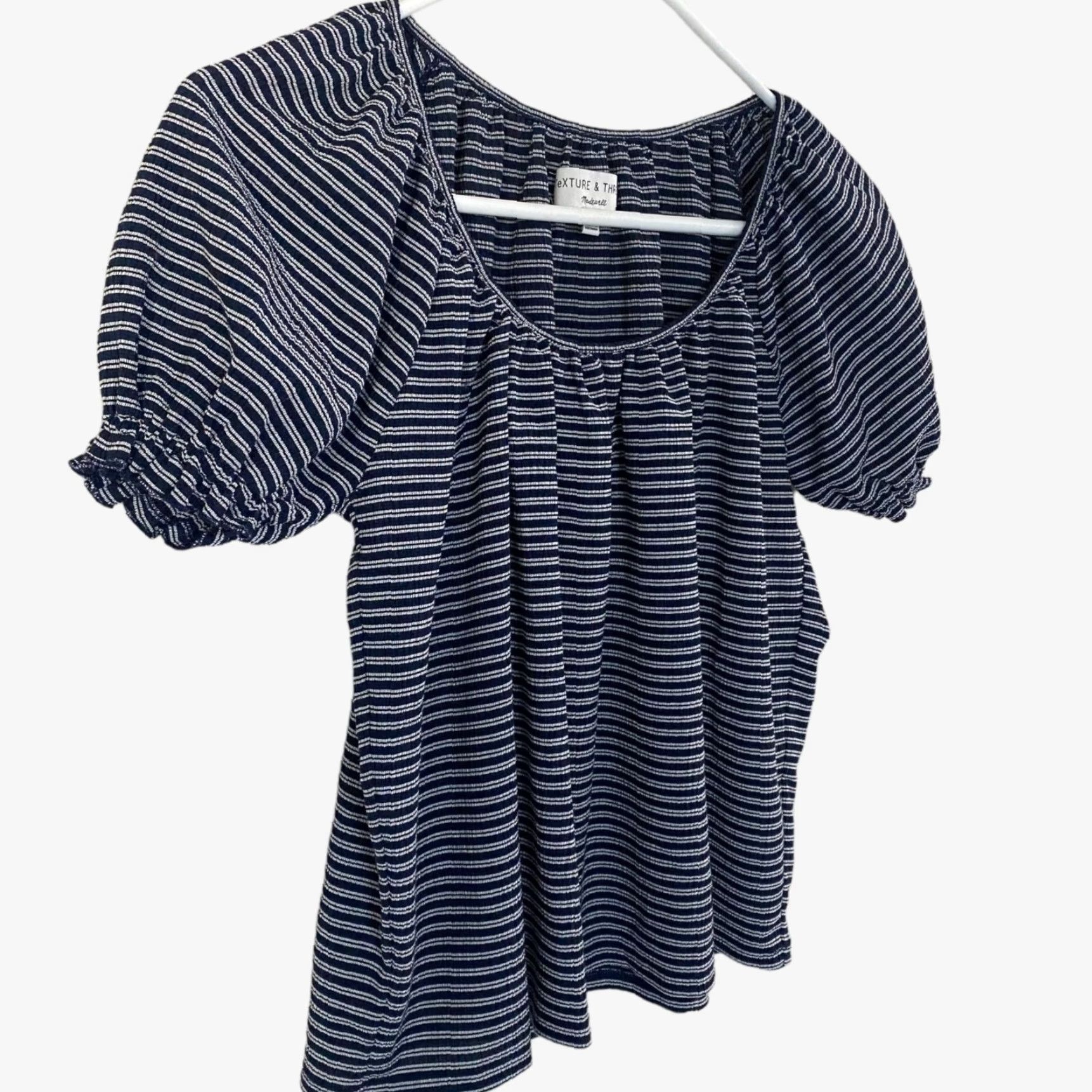 Madewell Madewell Striped Top Blouse Texture & Thread Peasant XS Womens Blue White Stripe Short Sleeve Size XS / US 0-2 / IT 36-38 - 4 Thumbnail