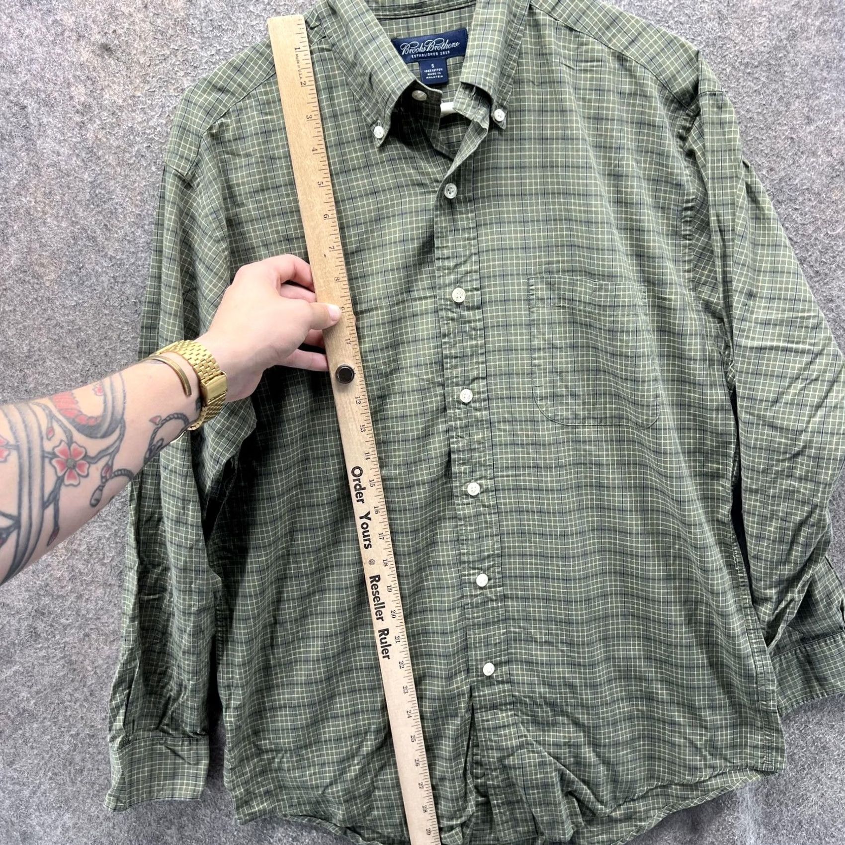 Brooks Brothers Brooks Brothers Dress Shirt Mens Small Olive Green Plaid Button Down Oxford Size 36R - 6 Thumbnail
