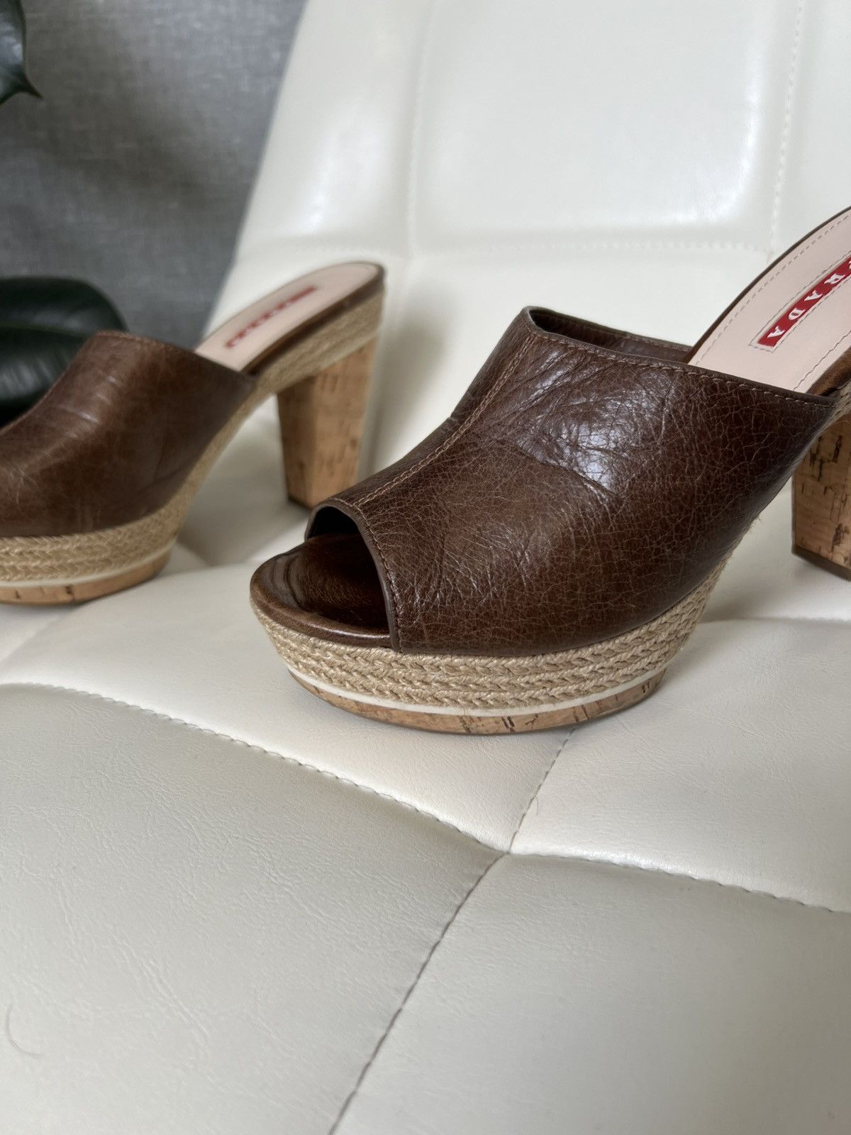 Prada Prada Leather Platform Mules Cork Heels Woven Trim Sandals Size US 8 / IT 38 - 4 Thumbnail