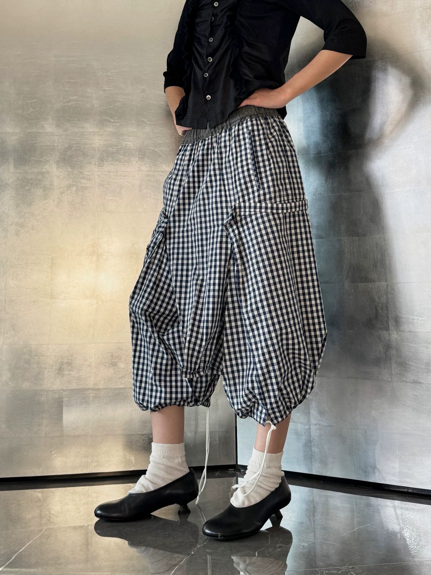 Comme des Garcons Women's CDG AD2007 Navy Checkered Elastic Waist Harem Pants Size 25" / US 0 / IT 36 - 2 Thumbnail