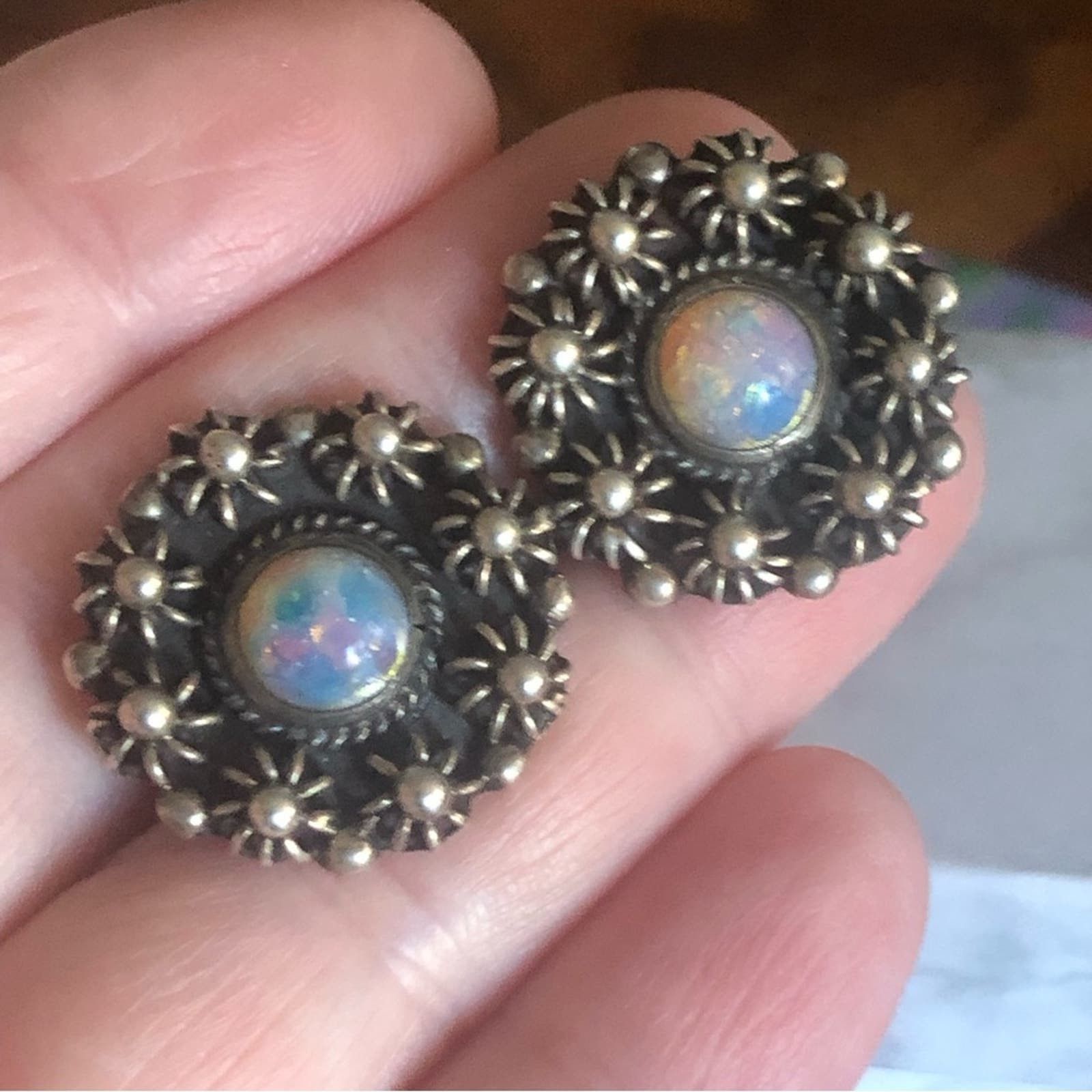 image of Antique Genuine Opal 800 Mexican Silver Earrings, Women's